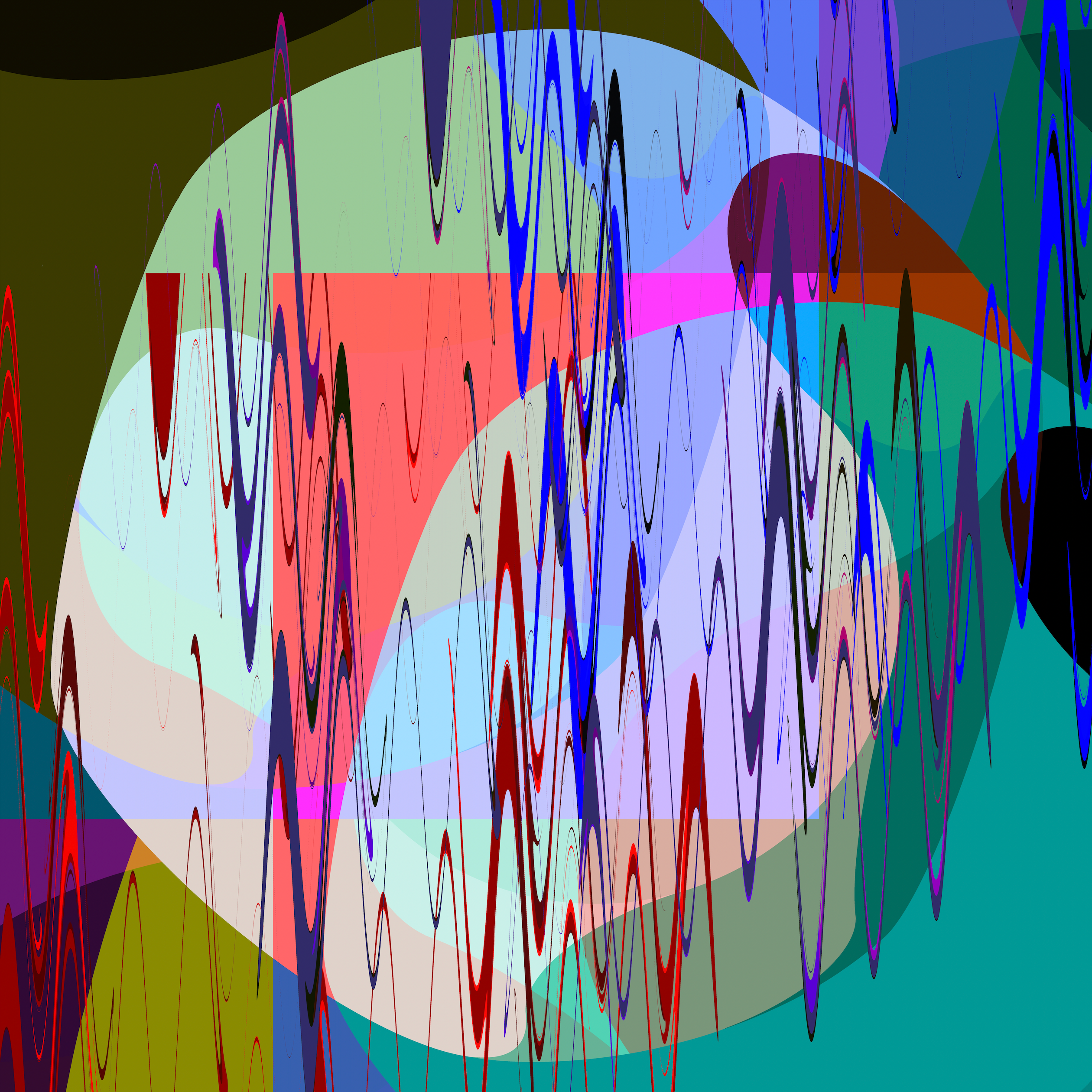Abstract digital art with multicolored, overlapping waves and zigzag lines over large, soft-edged shapes in red, blue, green, and purple tones, creating a dynamic, layered, and vibrant composition.