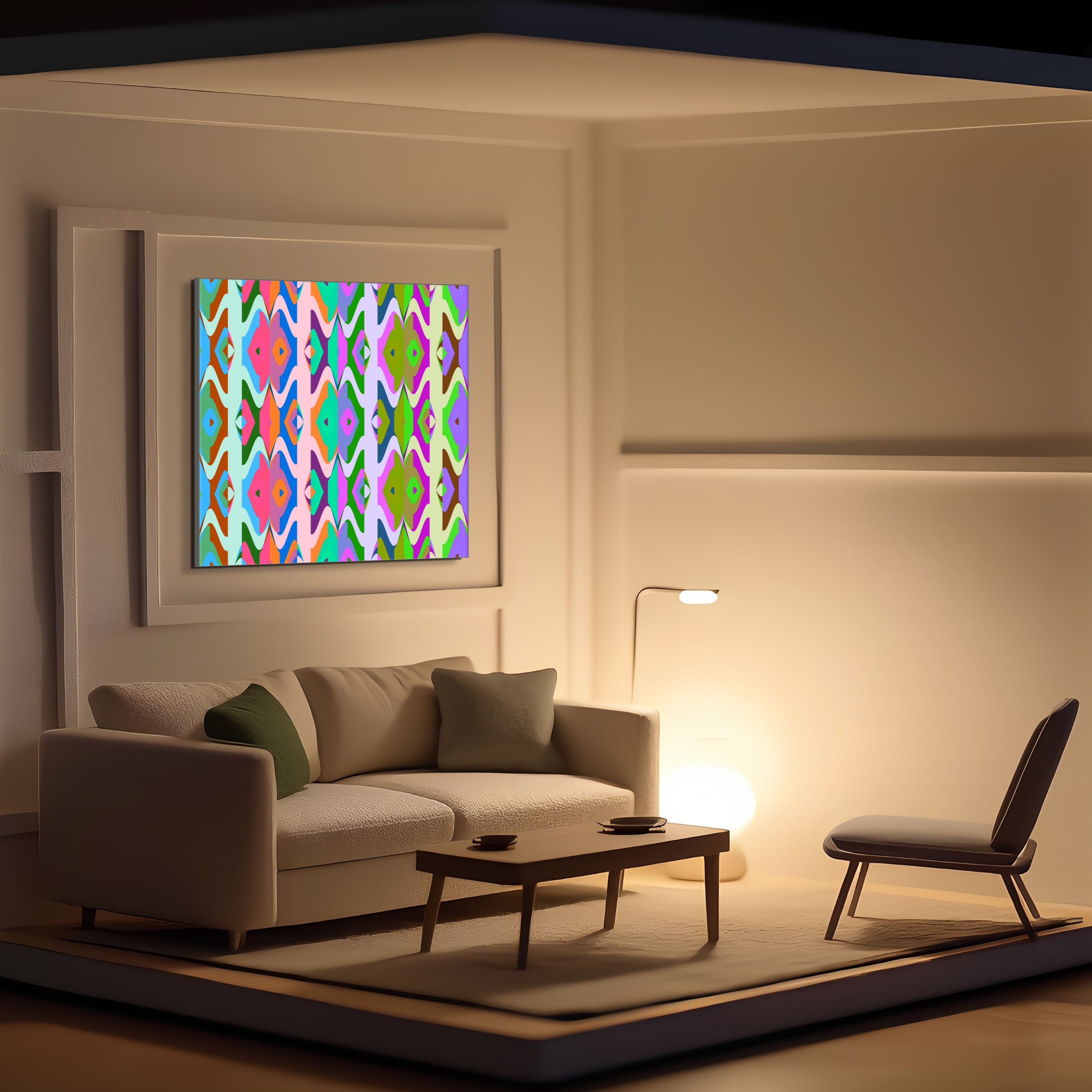 A modern living room features a white sofa with green cushions, a small coffee table, floor lamp, and 1971 artwork by Beau Monet above the sofa. Warm lighting enhances the cozy ambience with vibrant geometric abstraction.