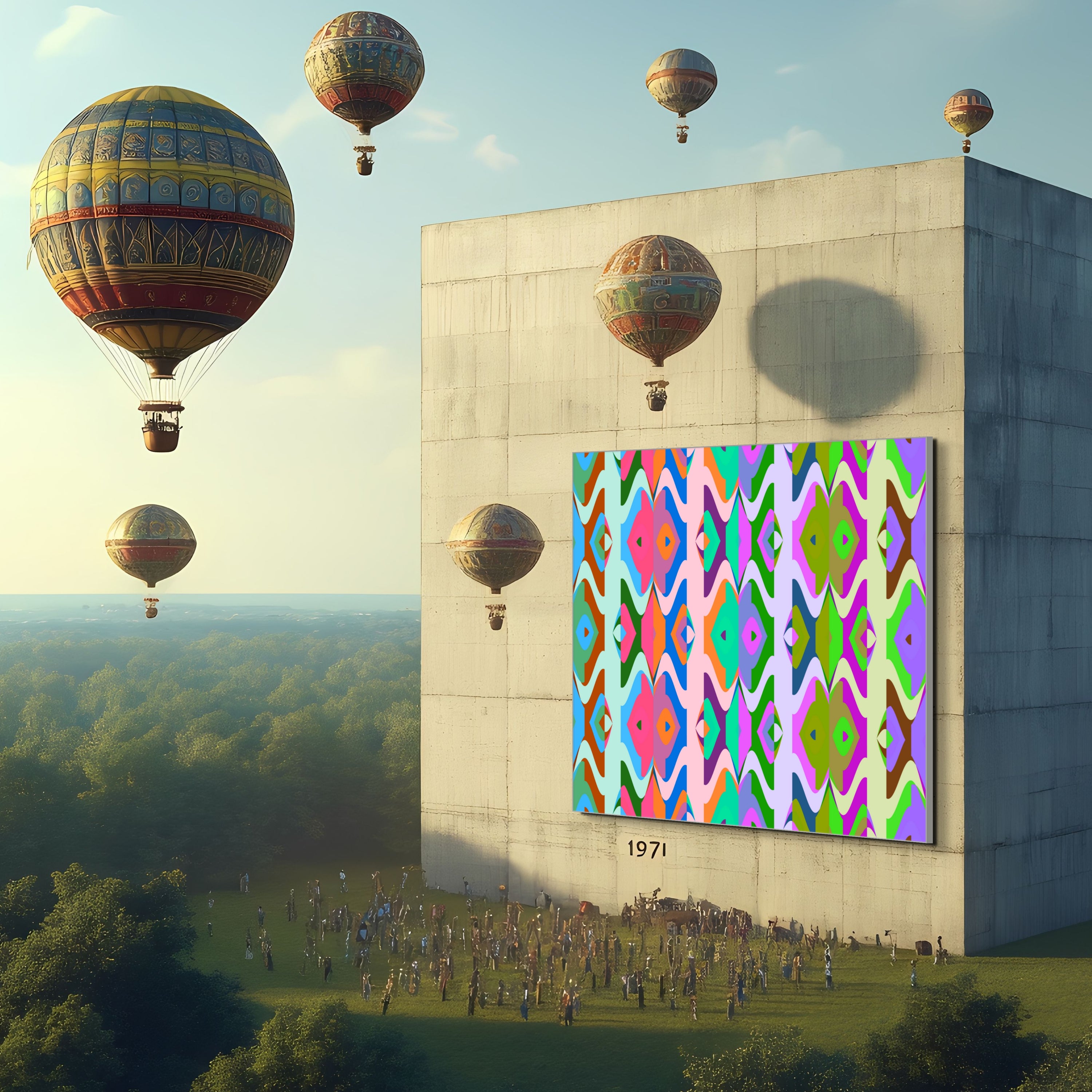 Hot air balloons float above a crowd by a modern concrete building with Beau Monet’s 1971—a vibrant geometric abstract art mural—adorning the wall and reflecting mid-century modern design influences.