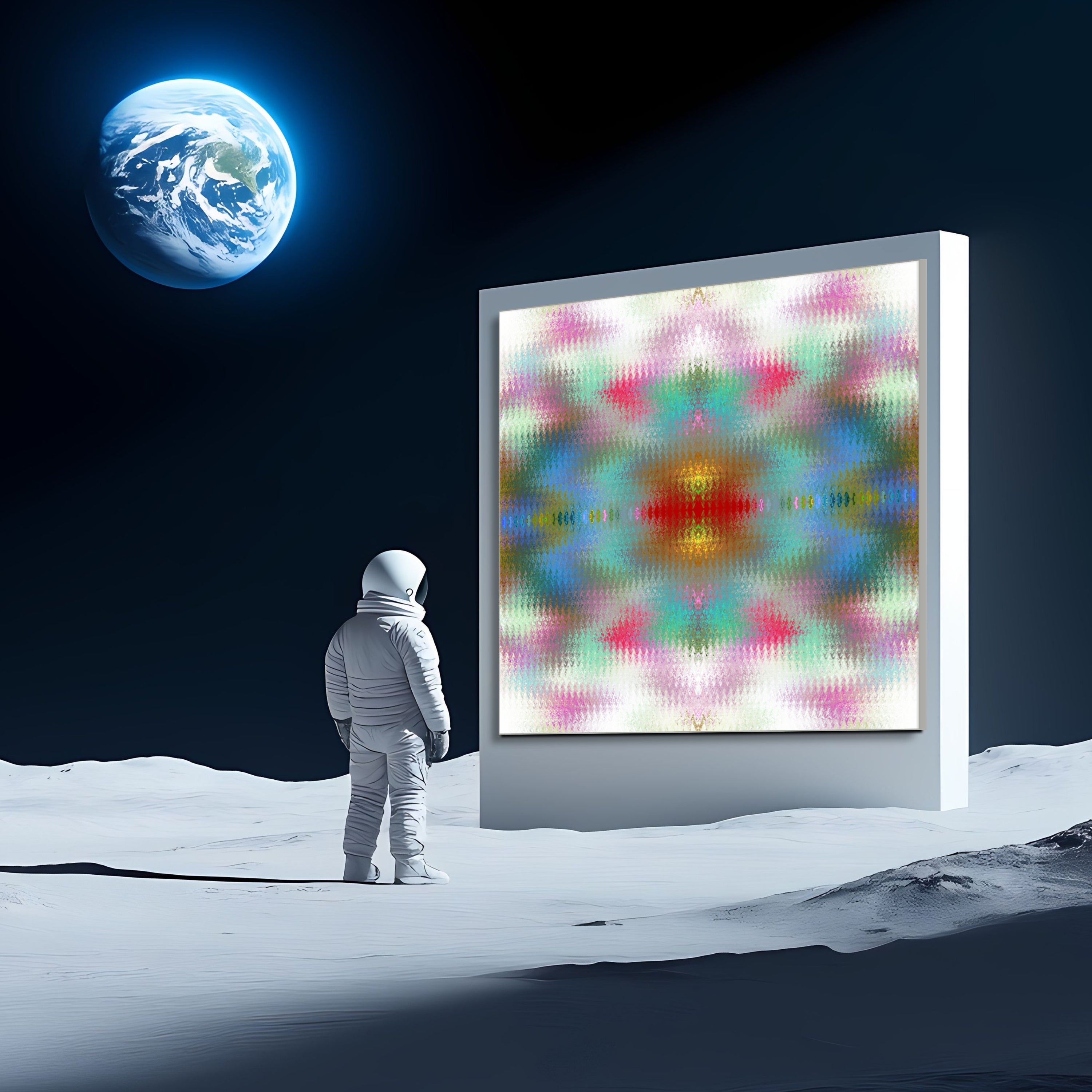 An astronaut stands on the Moon, gazing at Beau Monets 5 Star PSYOP—a large, colorful abstract art panel—with Earth shining in the dark sky behind.