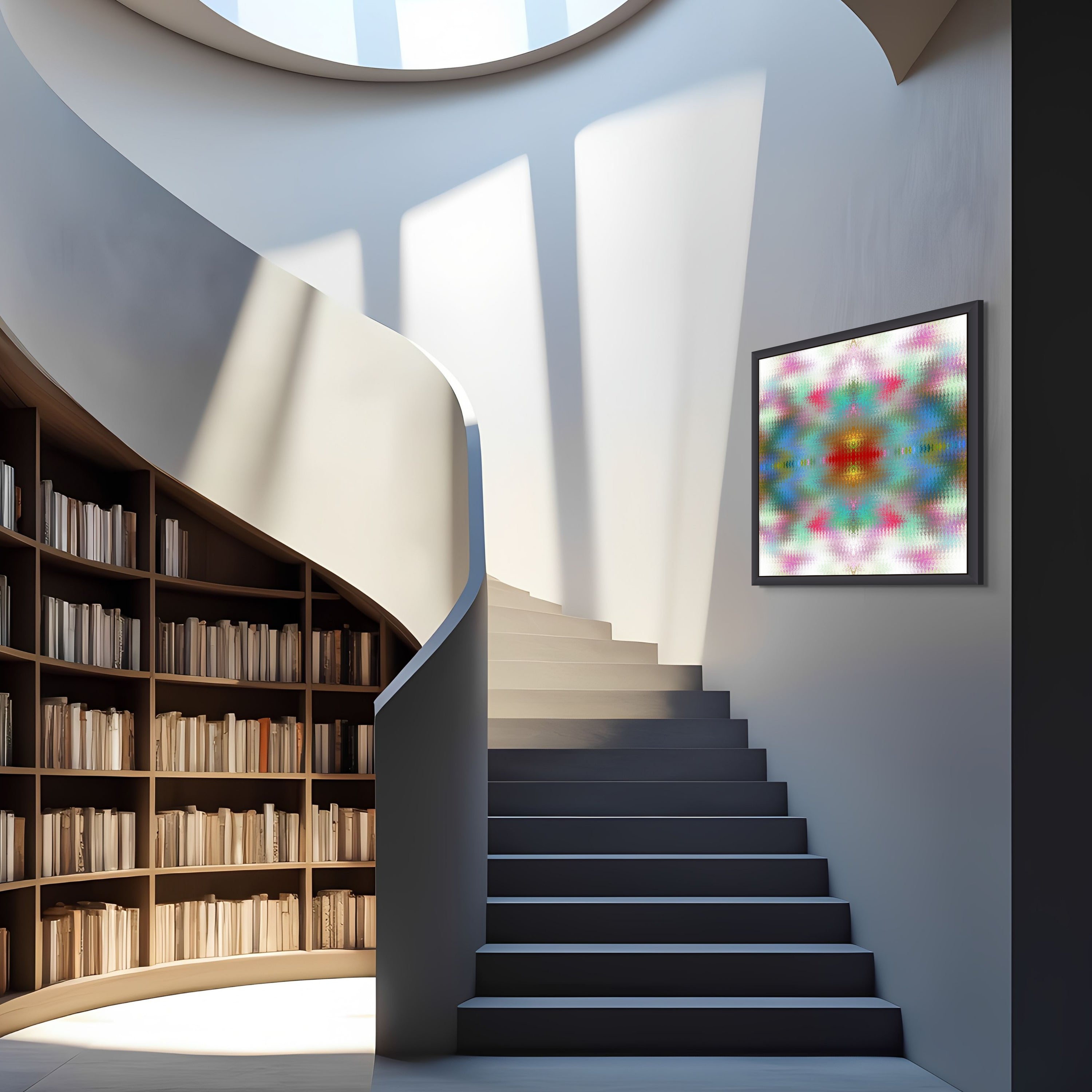 Sunlight streams down a spiral staircase by a tall bookshelf filled with books. On the wall beside the stairs, 5 Star PSYOP by Beau Monet adds vibrant color and modern flair as striking contemporary wall art.