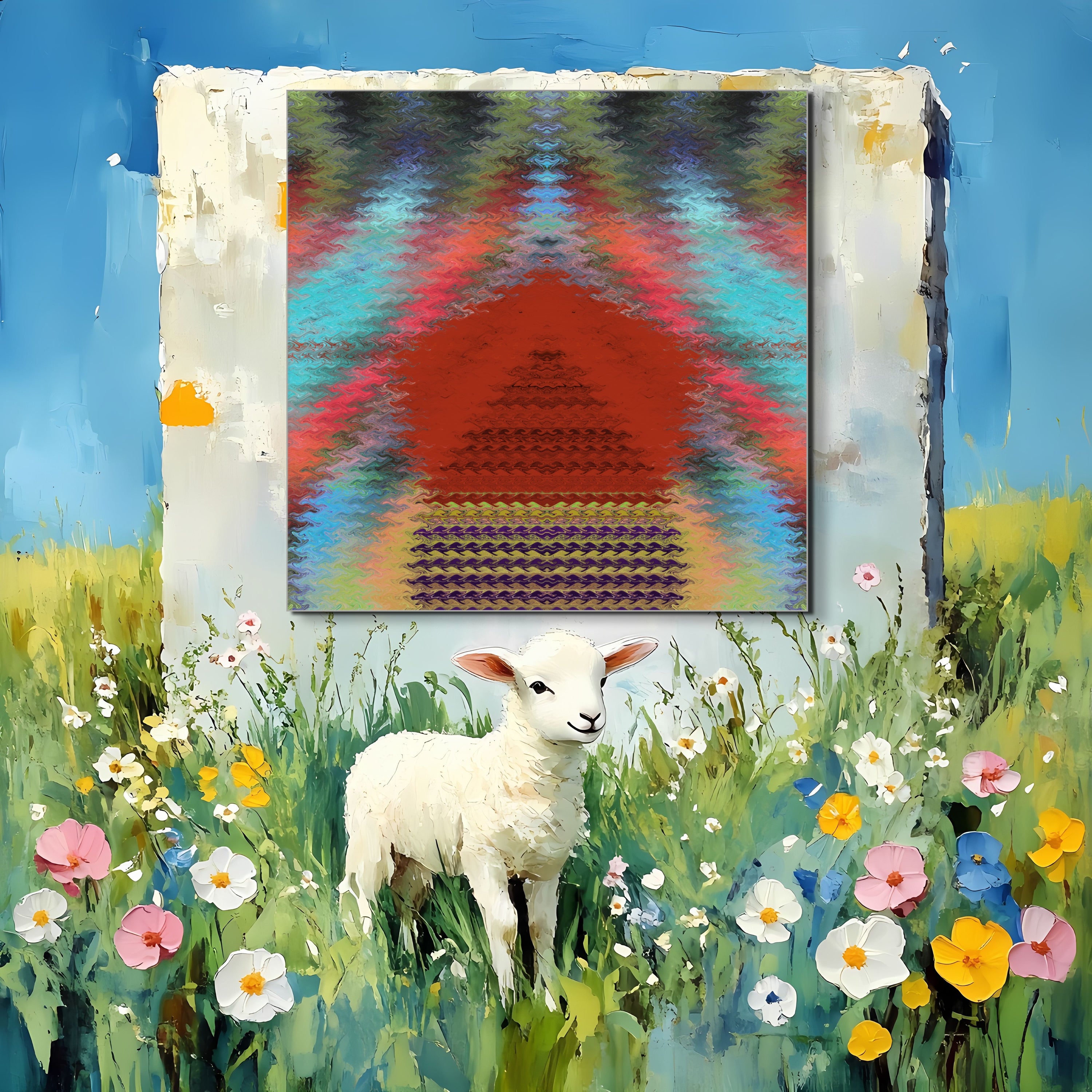 A lamb stands in wildflowers before a painted wall featuring Ascension by Beau Monet, with a bright blue sky in the background.