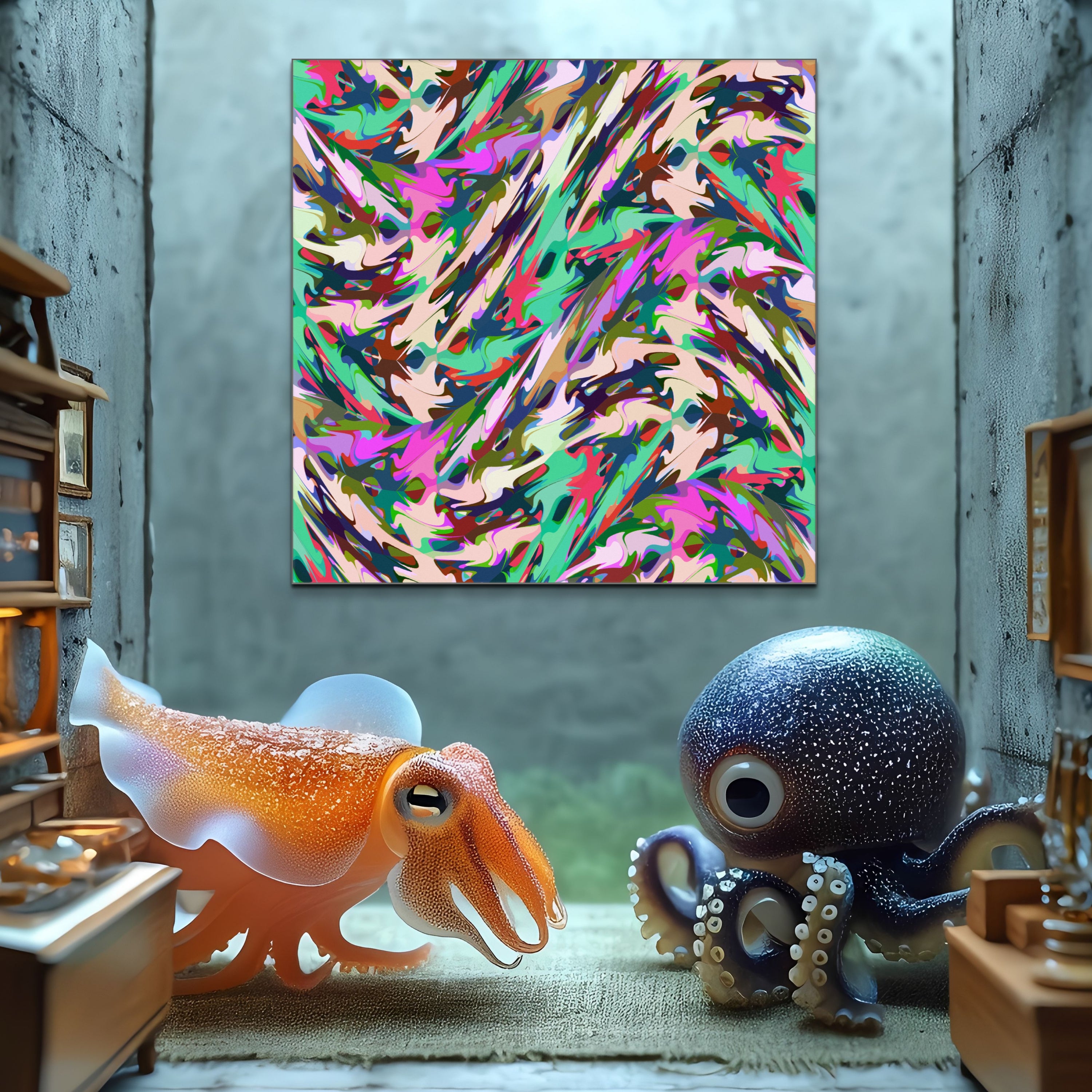 A Beau Monet Cuttlefish toy sits in a cozy room with shelves. Sunlight streams in above, illuminating vibrant wavy artwork on the concrete wall behind it.
