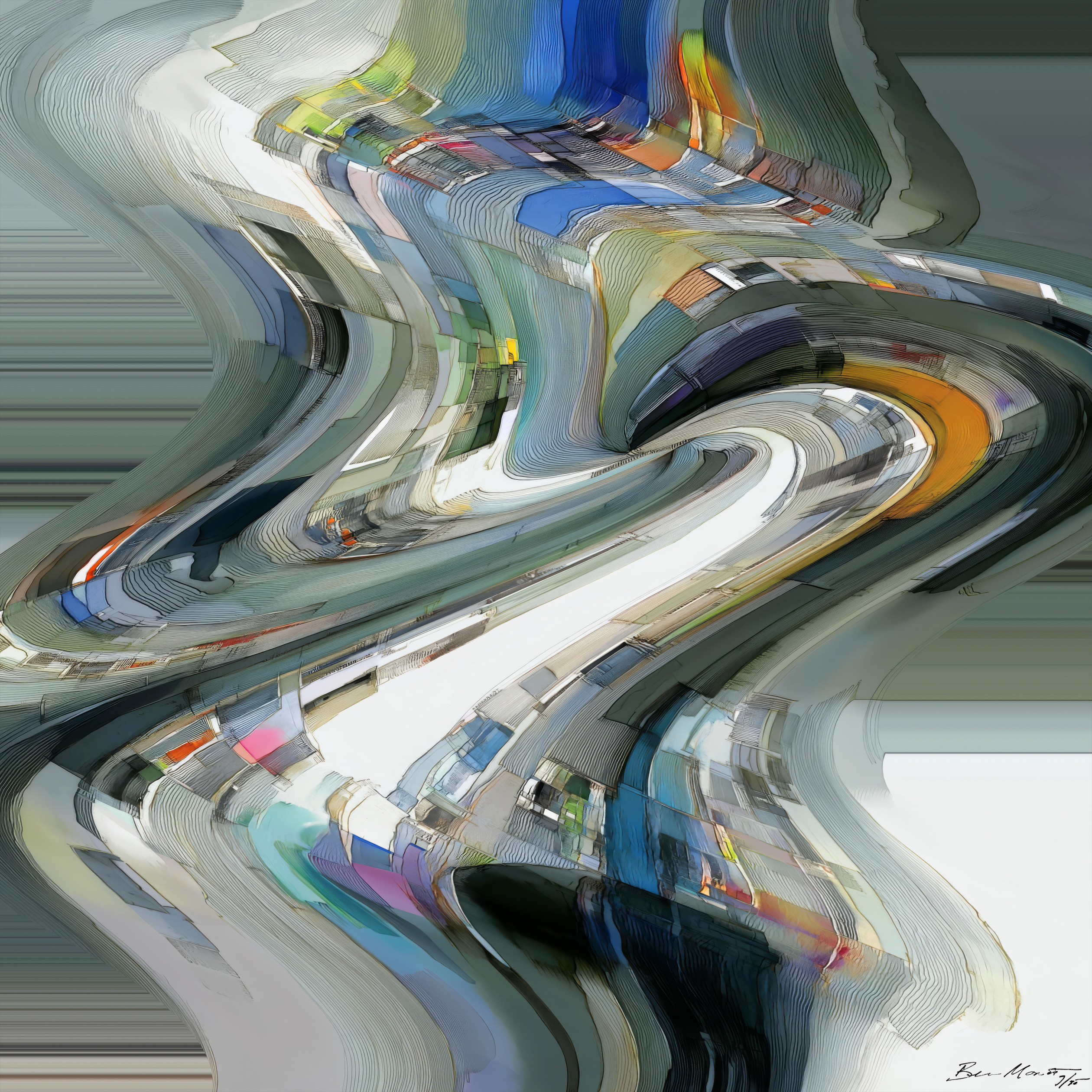 Naja by Beau Monet features abstract digital art with swirling, wavy lines and layered shapes in blue, green, orange, and white tones, creating a dynamic sense of movement and fluidity enhanced by textured layers and light reflections.