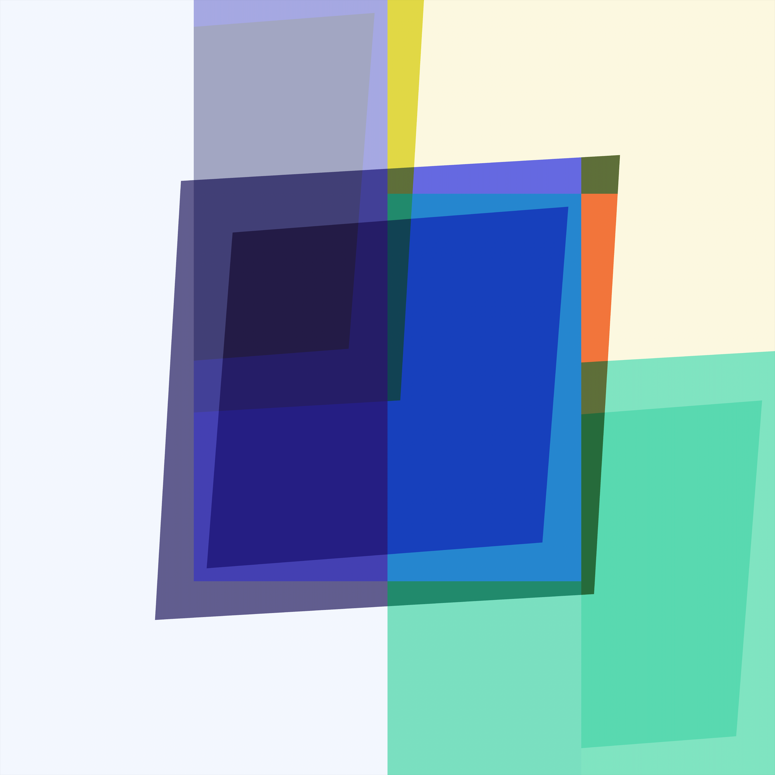 Super Ego by Beau Monet is a geometric abstract artwork with overlapping rectangles in blue, purple, yellow, green, orange, and cream—ideal modern wall art for contemporary interiors.