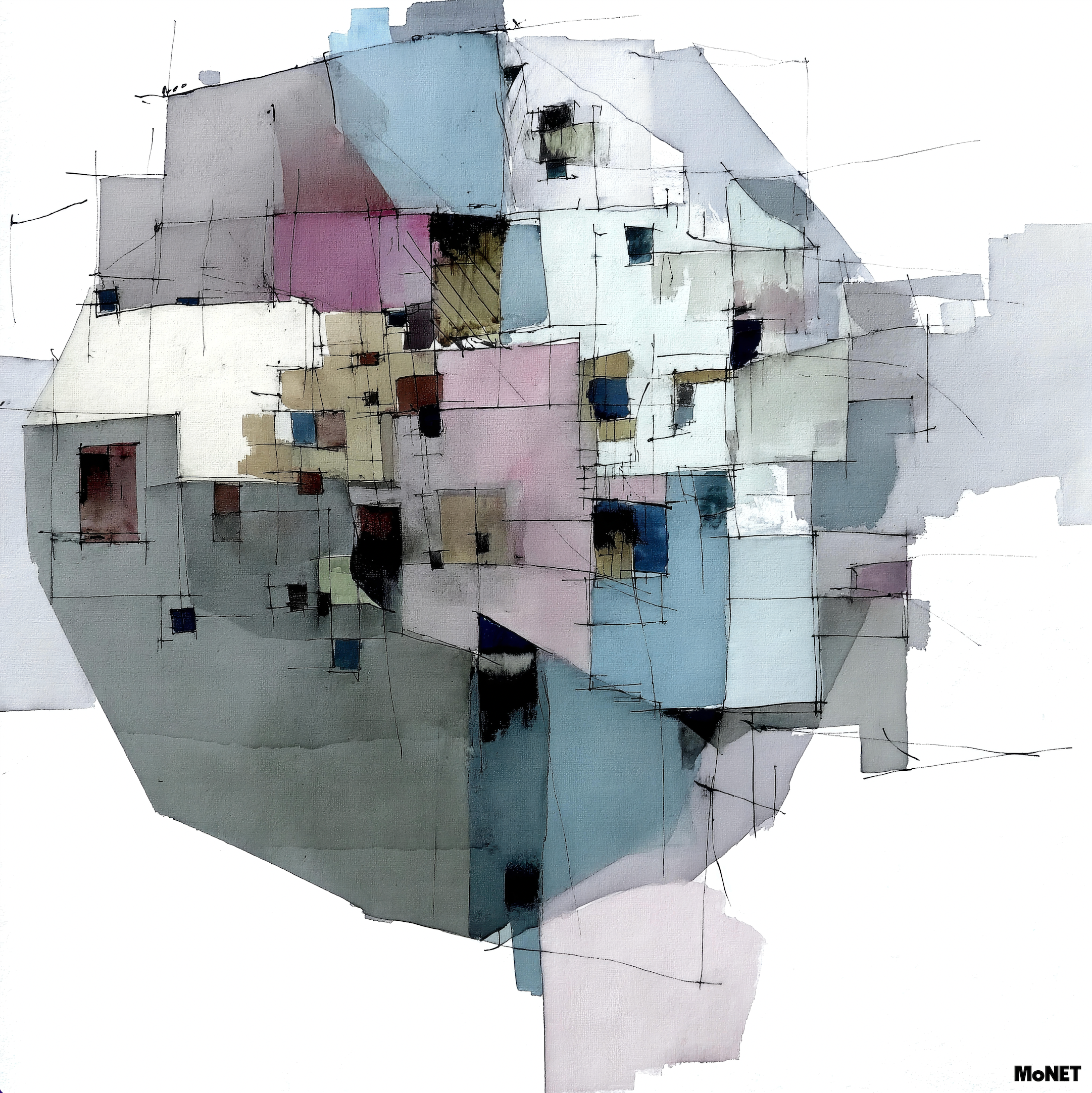 Downtown Dew by Beau Monet showcases abstract geometric art with overlapping cubes and rectangles in muted blues, grays, and pinks. Black sketch outlines and soft watercolor textures create a complex, fragmented look on a white background.