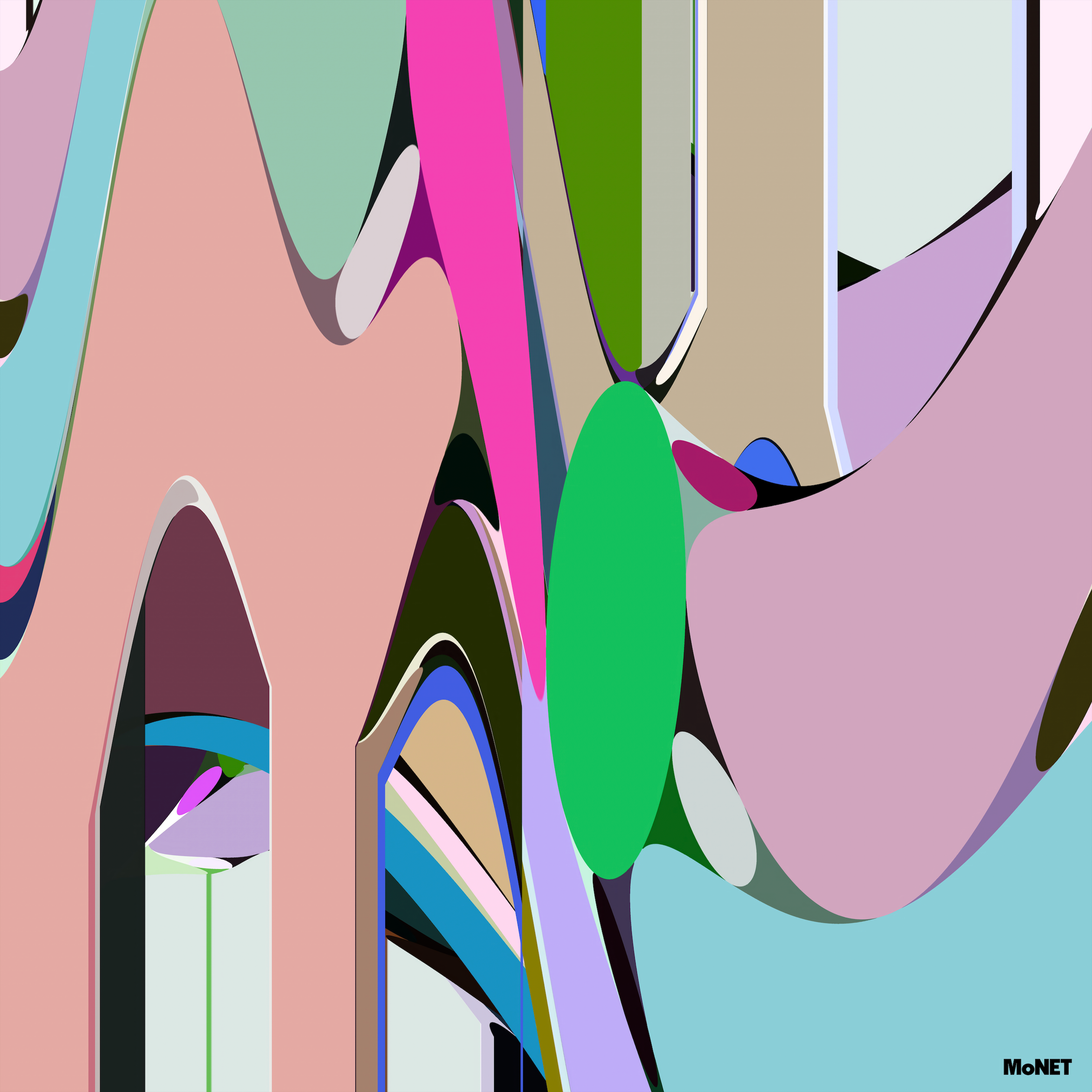Act As If by Beau Monet is abstract digital art with flowing, curved shapes in pink, green, blue, black, and beige. Overlapping forms and smooth gradients add a vibrant modern touch. Beau Monet appears in the bottom right corner.