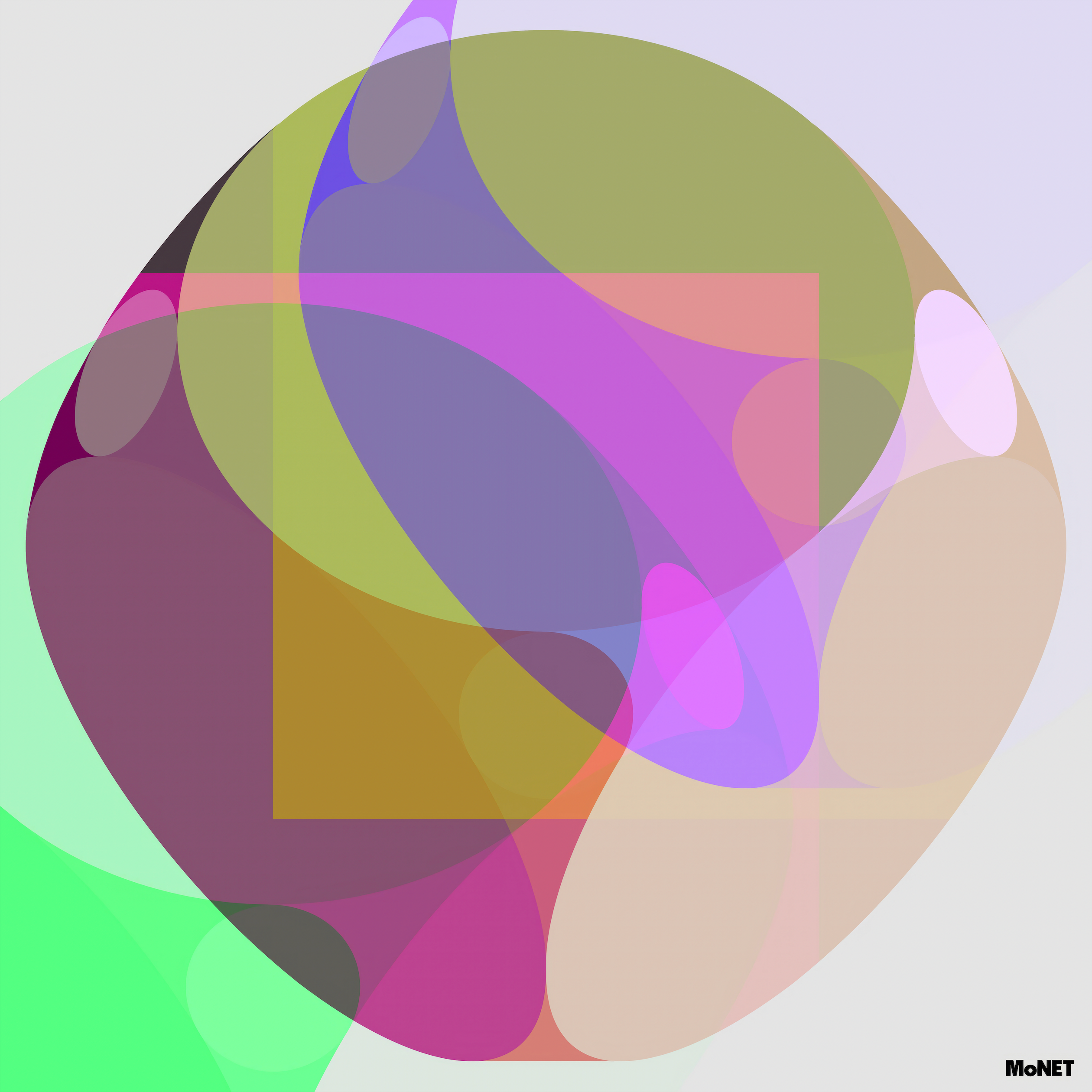 Abstract digital artwork with overlapping translucent circles, ovals, and rectangles in purple, green, brown, and pink forms complex layered patterns—perfect for modern luxury interiors. Hemingways Havana by Beau Monet is noted in the bottom right corner.