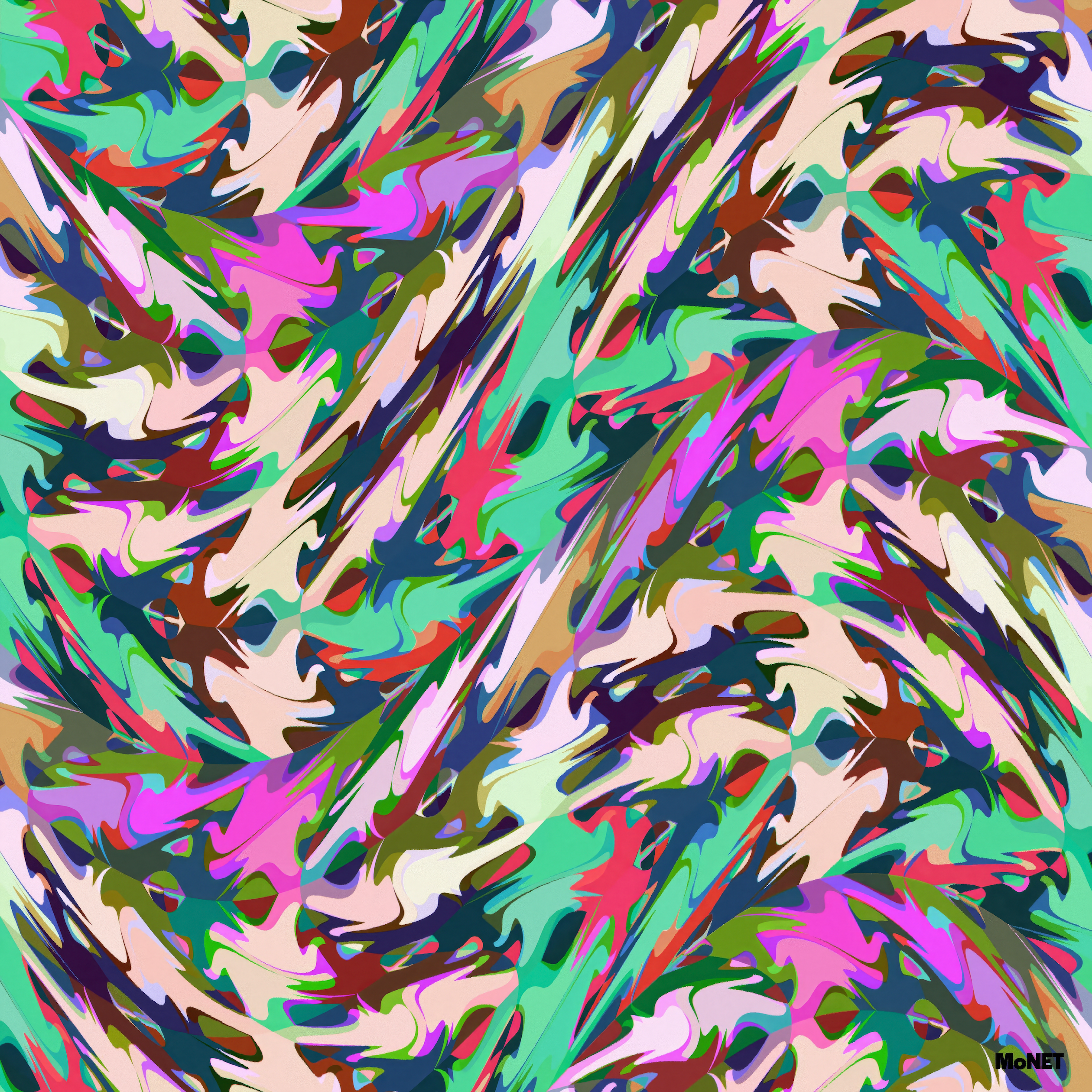 Cuttlefish by Beau Monet is an abstract digital artwork with swirling, jagged patterns in pink, teal, green, purple, and brown on a pale background—ideal for adding dynamic energy to modern interiors. Monet appears in the bottom right corner.