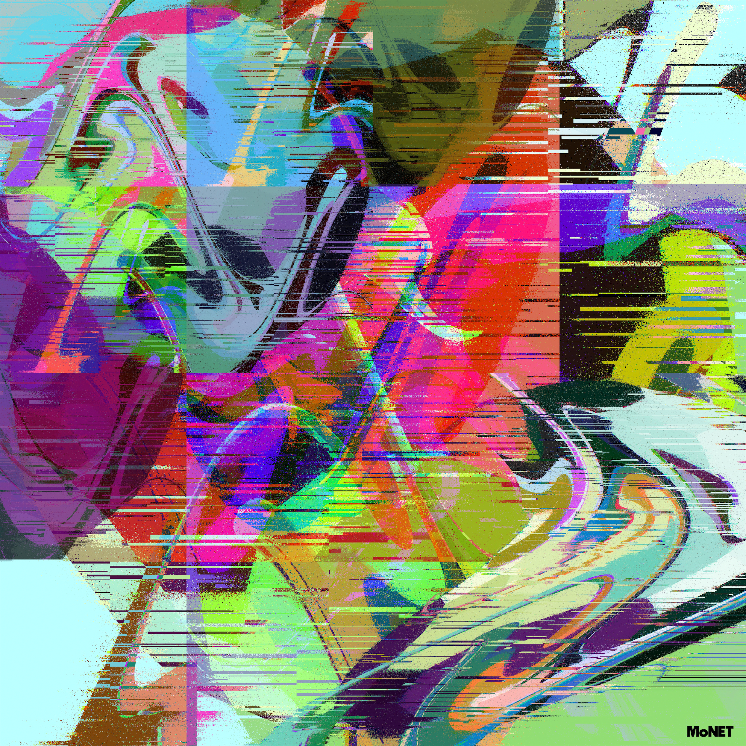 Abstract digital artwork titled Seeking Something Missing by Beau Monet, with swirling pink, green, blue, and yellow hues, glitch effects, and horizontal lines—ideal for modern art enthusiasts. The bottom right features the Beau Monet logo.