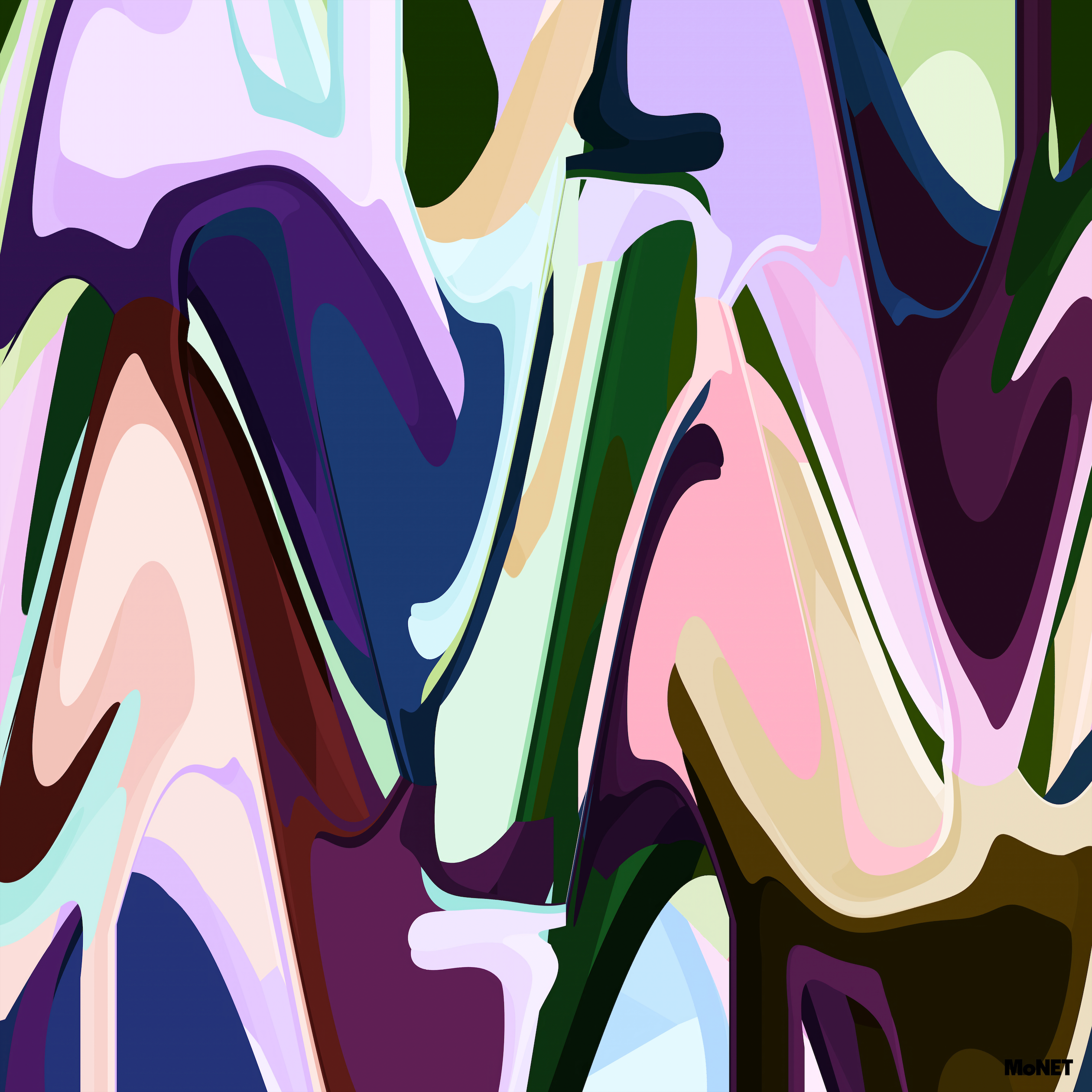 Box Bet by Beau Monet showcases bold, swirling shapes in purple, pink, green, brown, and cream for a dynamic abstract composition—ideal as surreal home decor or vibrant wall art. The artwork is signed Midjourney in the lower right corner.