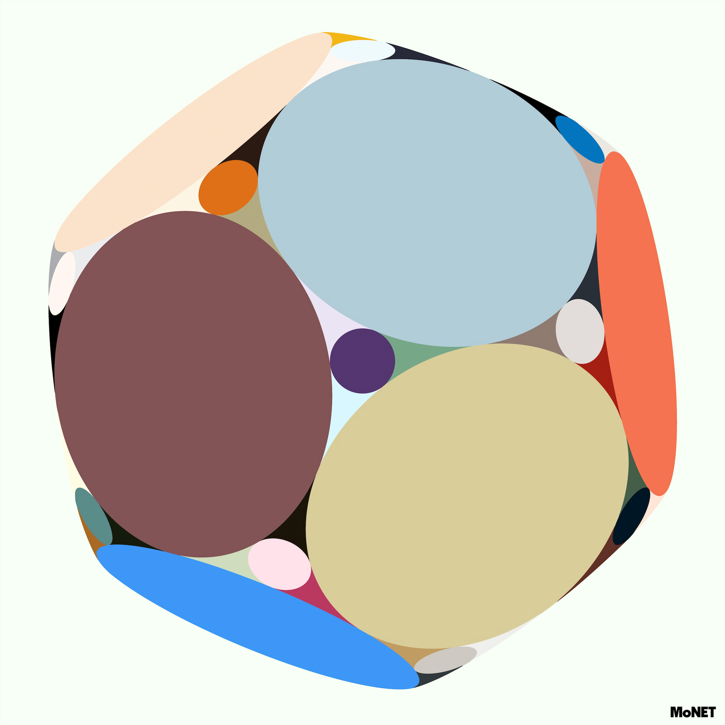 Cosmic Cookie by Beau Monet is abstract digital art in modern geometric style, with four large overlapping ovals—blue, maroon, tan, and yellow—surrounded by smaller colorful shapes on a pale background. Beau Monet is shown at the bottom right.