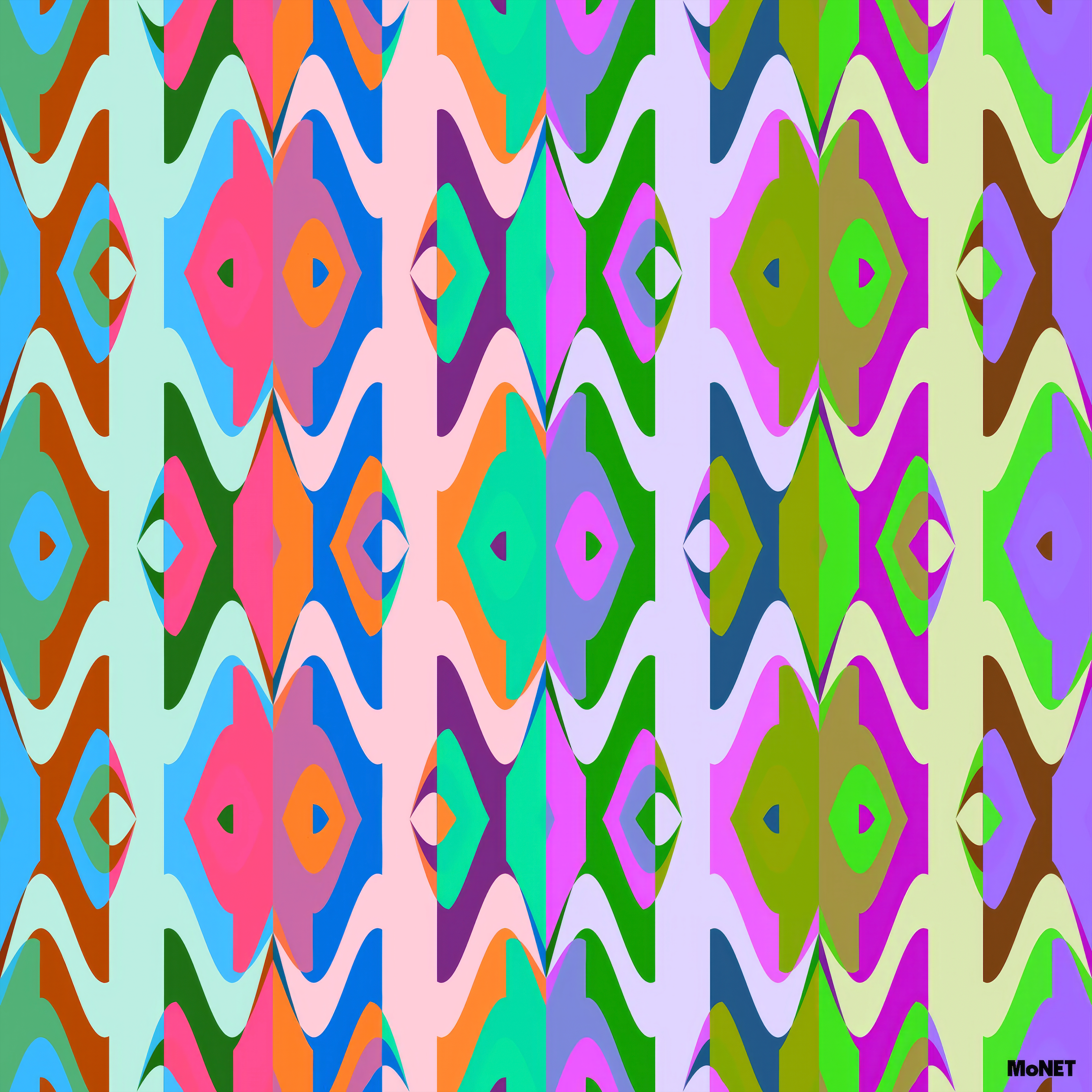 A colorful abstract artwork by Beau Monet called 1971 features vertical rows of wavy, diamond-like shapes in vibrant blues, greens, pinks, oranges, and purples on a light background. MoNET appears in the bottom right corner.