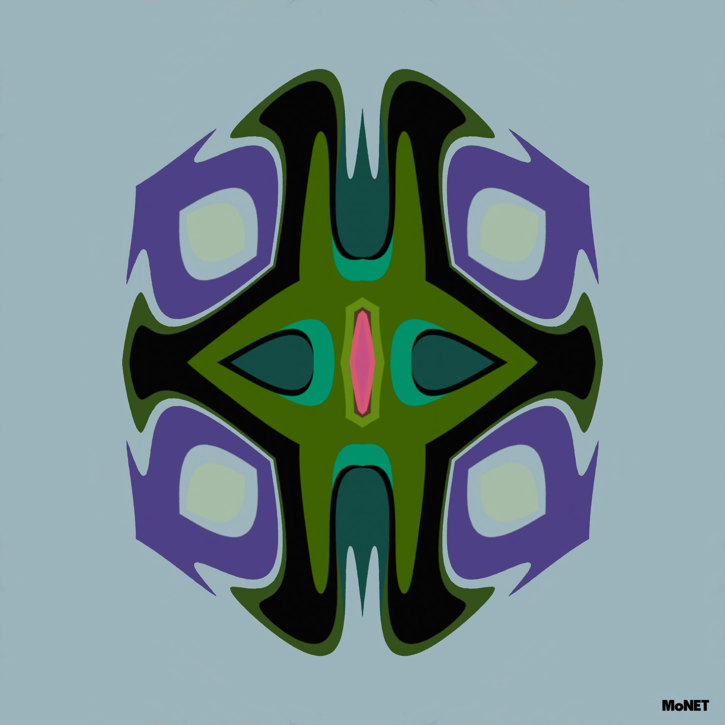 Sigma by Beau Monet is an abstract digital artwork featuring green, black, and purple organic shapes on a light blue background. The symmetrical, mask-like design makes striking contemporary wall art for any modern space.