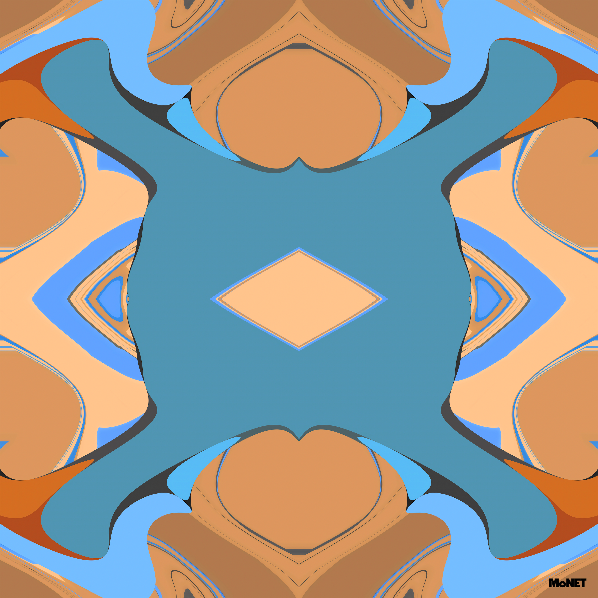 Paddington Goes Dark by Beau Monet is abstract digital wall art showcasing symmetrical, flowing organic forms in blue, tan, and brown with a central diamond motif. Its mirrored, kaleidoscopic look adds calm and serene style to any home decor.