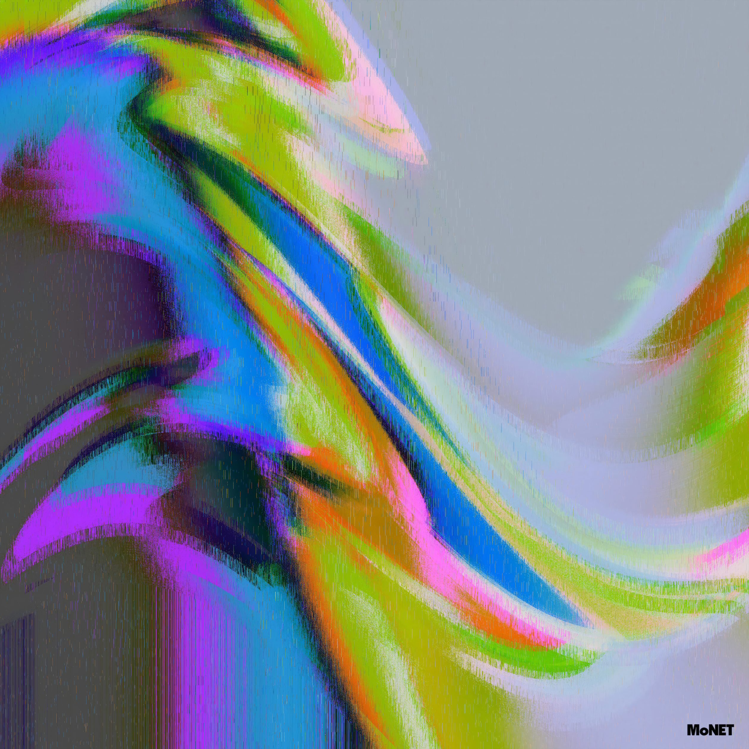 “Dawn Patrol” by Beau Monet features bold, sweeping strokes in blue, green, yellow, pink, and purple on gray. Colors blend fluidly for a dynamic modern wall art piece. Signed “MoNET” in the bottom right corner.