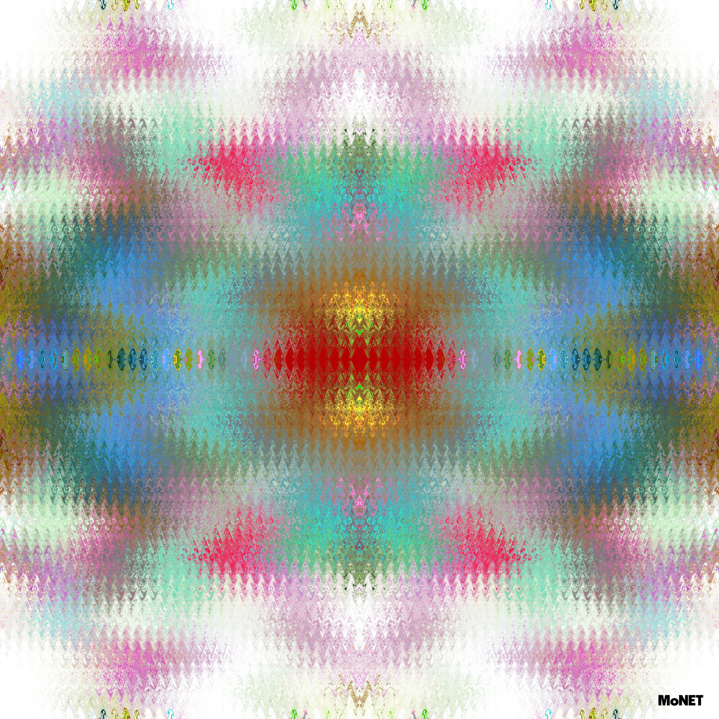Abstract contemporary digital art featuring a vibrant, symmetrical kaleidoscopic pattern with red, blue, green, and pink hues. The wavy textured design evokes lively artwork and displays 5 Star PSYOP by Beau Monet in the corner.