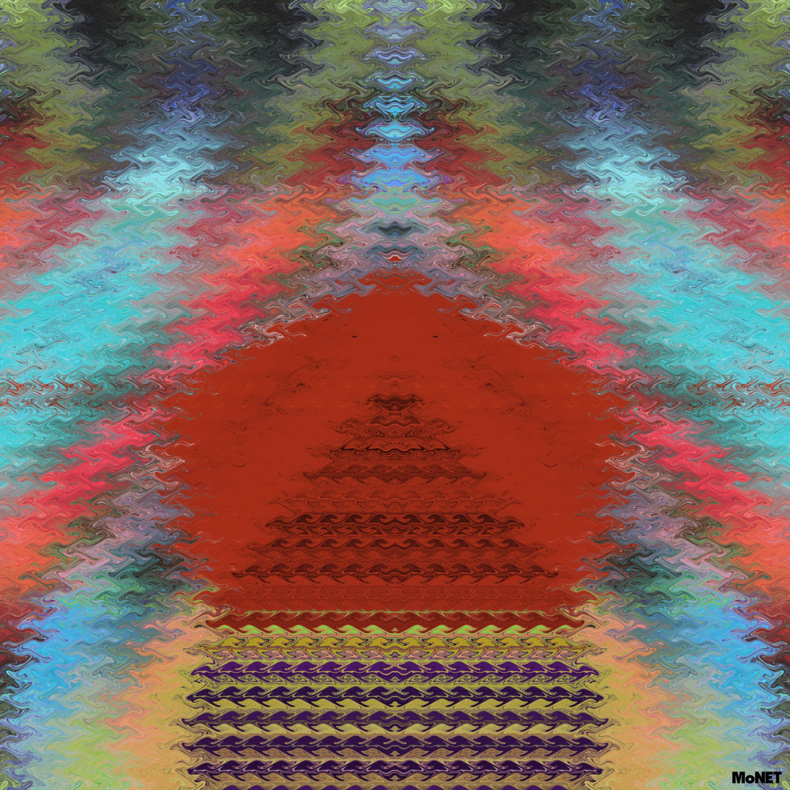 Ascension by Beau Monet is a vibrant digital artwork featuring wavy, zigzag textures that form a red triangular center, surrounded by bold blue, green, black, and purple tones. This mesmerizing wall art ripples outward in captivating waves.