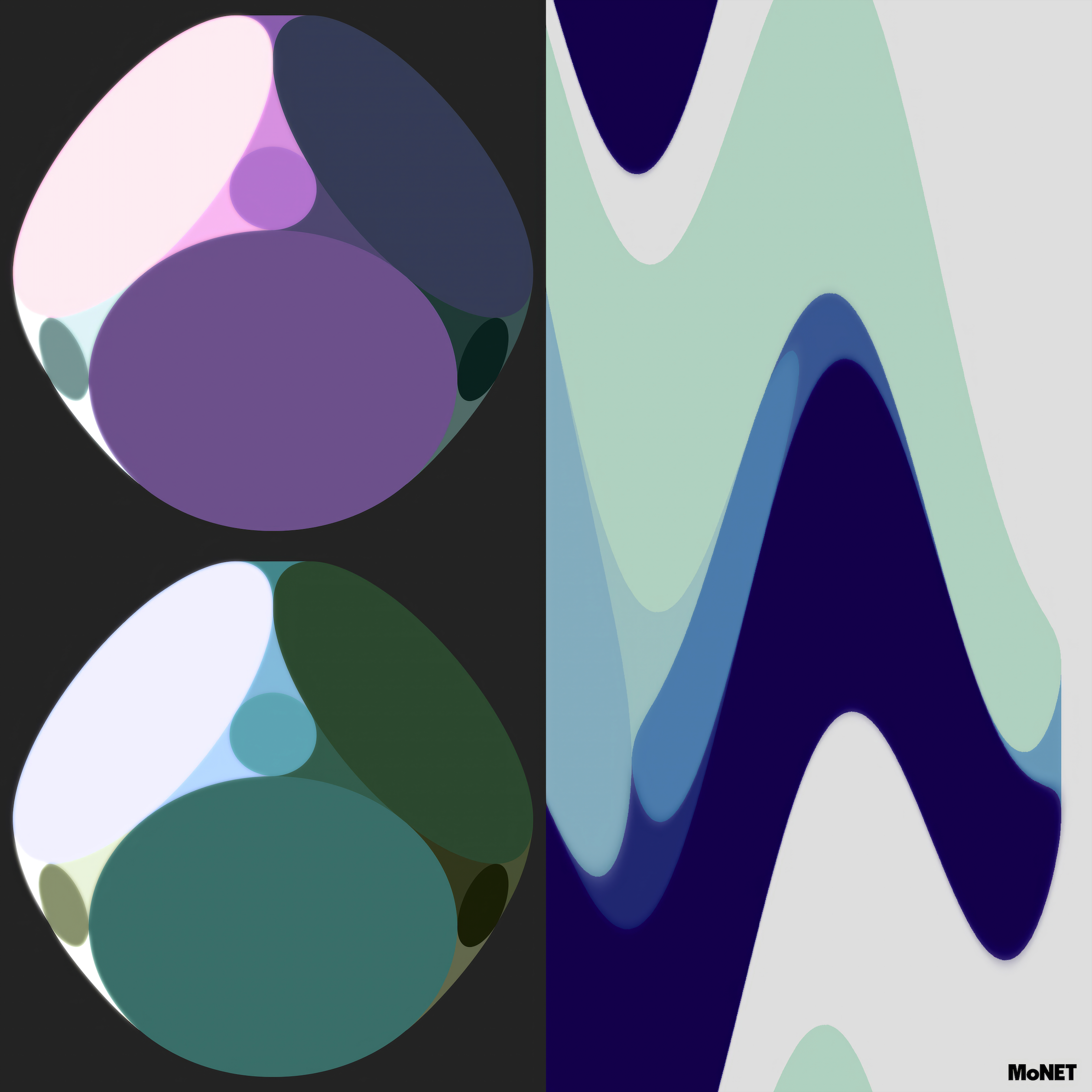 Euclids Dogma by Beau Monet showcases overlapping purple and green rounded shapes on the left, with wavy blue, aqua, and white patterns on the right. This geometric abstract diptych is signed “MoNET” in the bottom right.