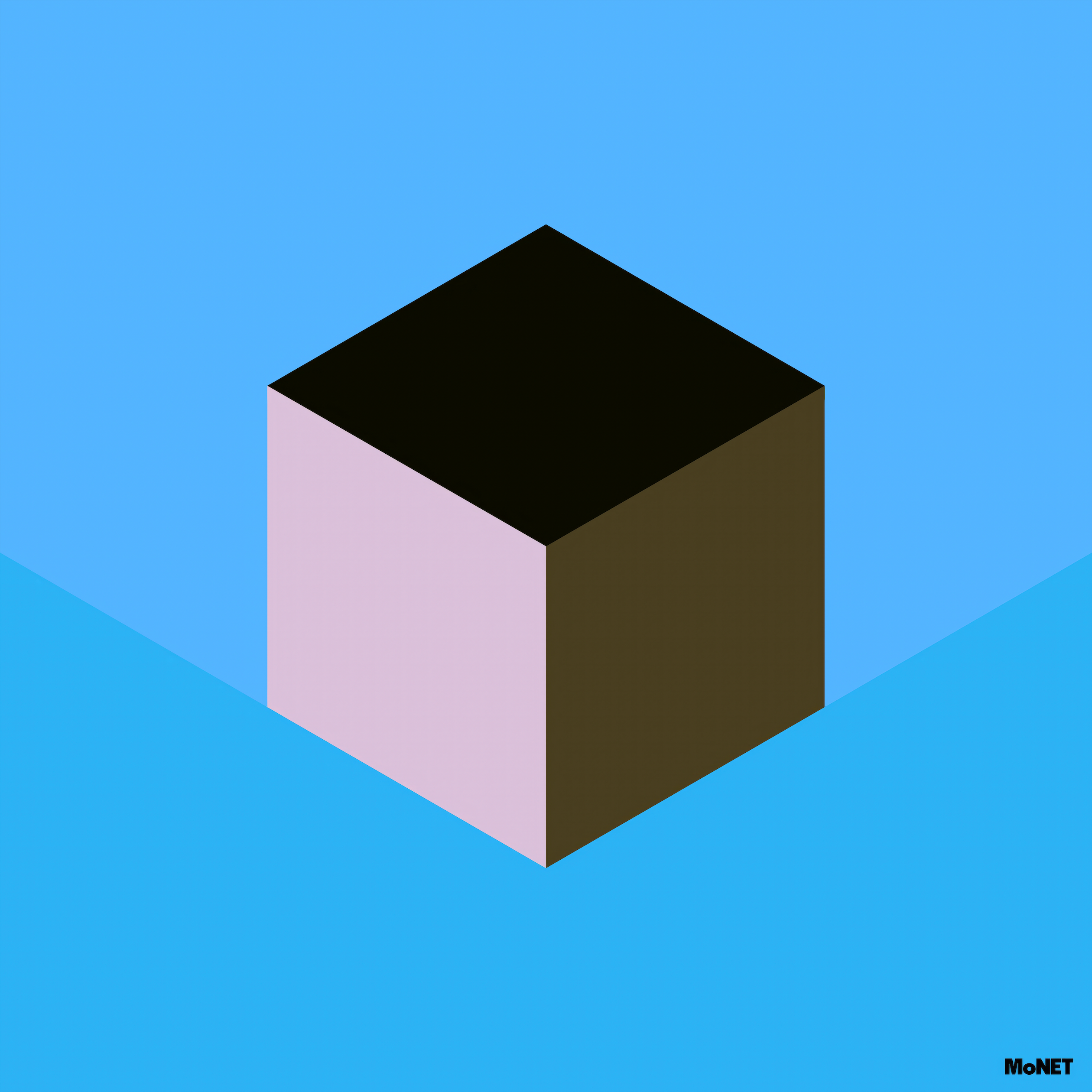 A 3D isometric cube with a black top, pink left, and brown right side sits on a blue angular background. This minimalist geometric art titled Self-Control by Beau Monet features its name in the bottom right corner.