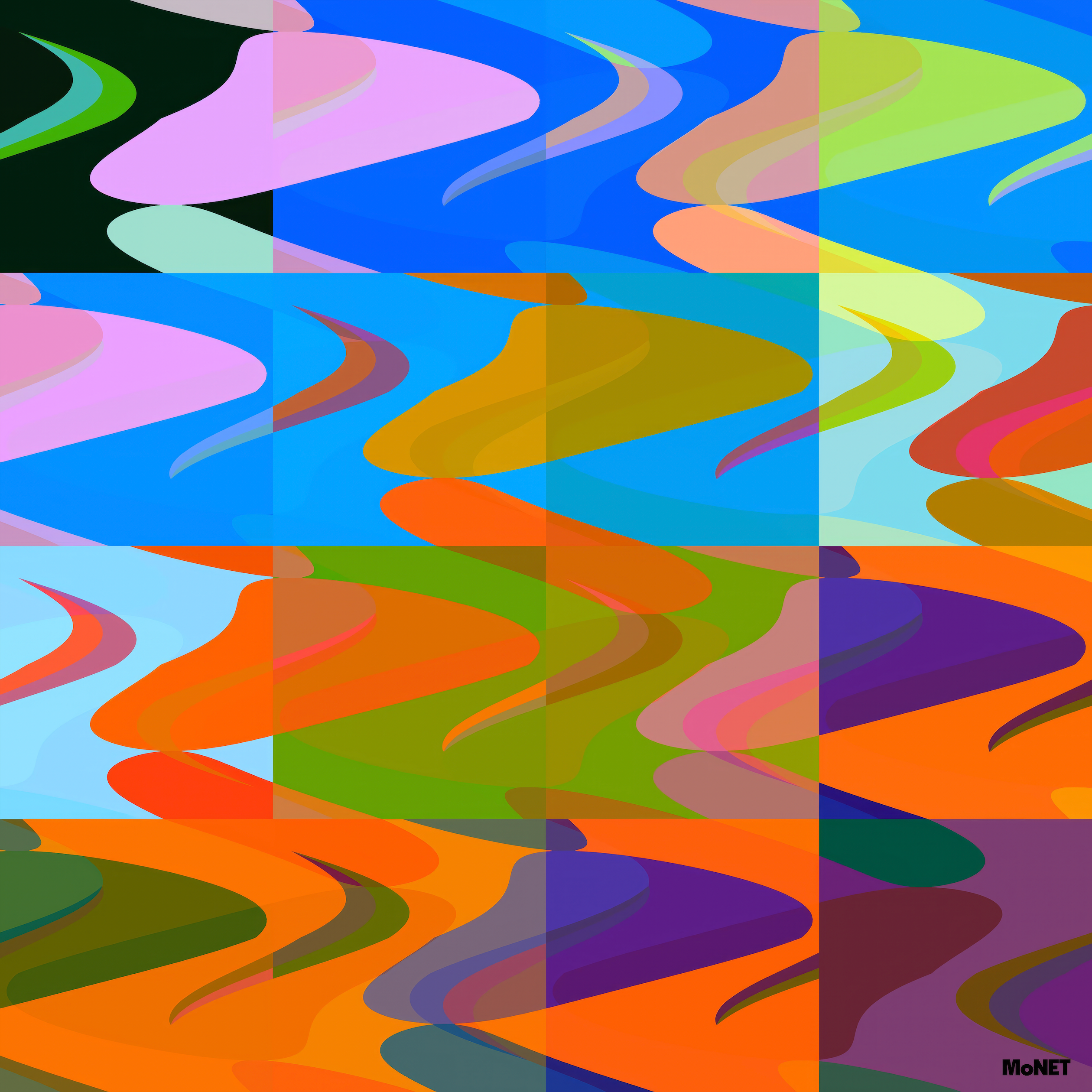 Camp Fire by Beau Monet is a vibrant abstract digital artwork featuring wavy, overlapping shapes in bold blue, orange, green, pink, and purple. Displayed as a 4x4 grid with a repeating pattern, Beau Monet appears in the bottom right corner.
