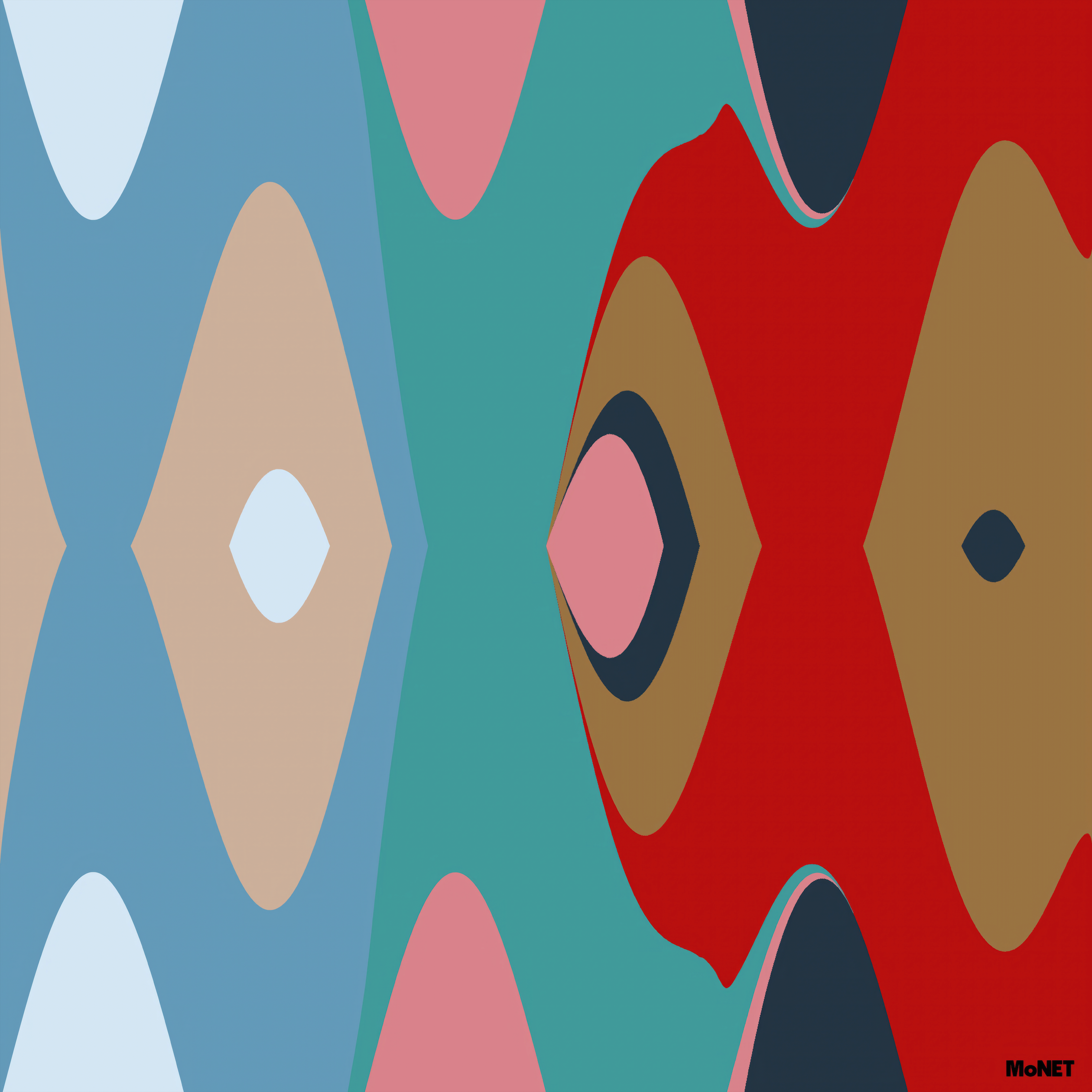 “Belief Through Violence” by Beau Monet is a contemporary digital artwork with mirrored diamond and oval shapes in blue, pink, teal, red, brown, and black wavy patterns. “MoNET” appears in black text at the bottom right corner.