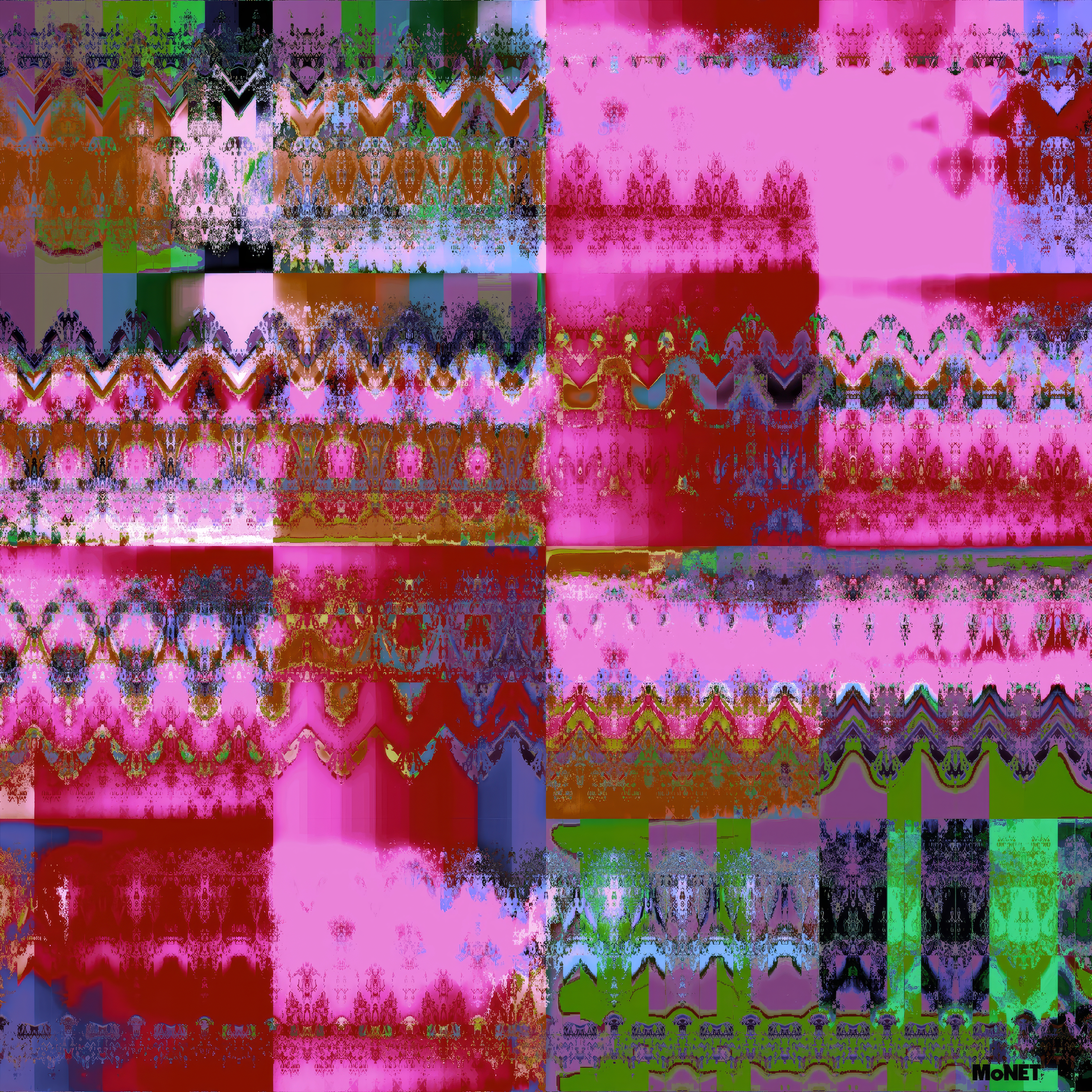 A digital glitch art image of Beau Monets Christmas Cake, featuring vibrant abstract patterns in pink, red, green, and purple with zigzag lines—contemporary wall art split into quadrants with pixelated, distorted textures.