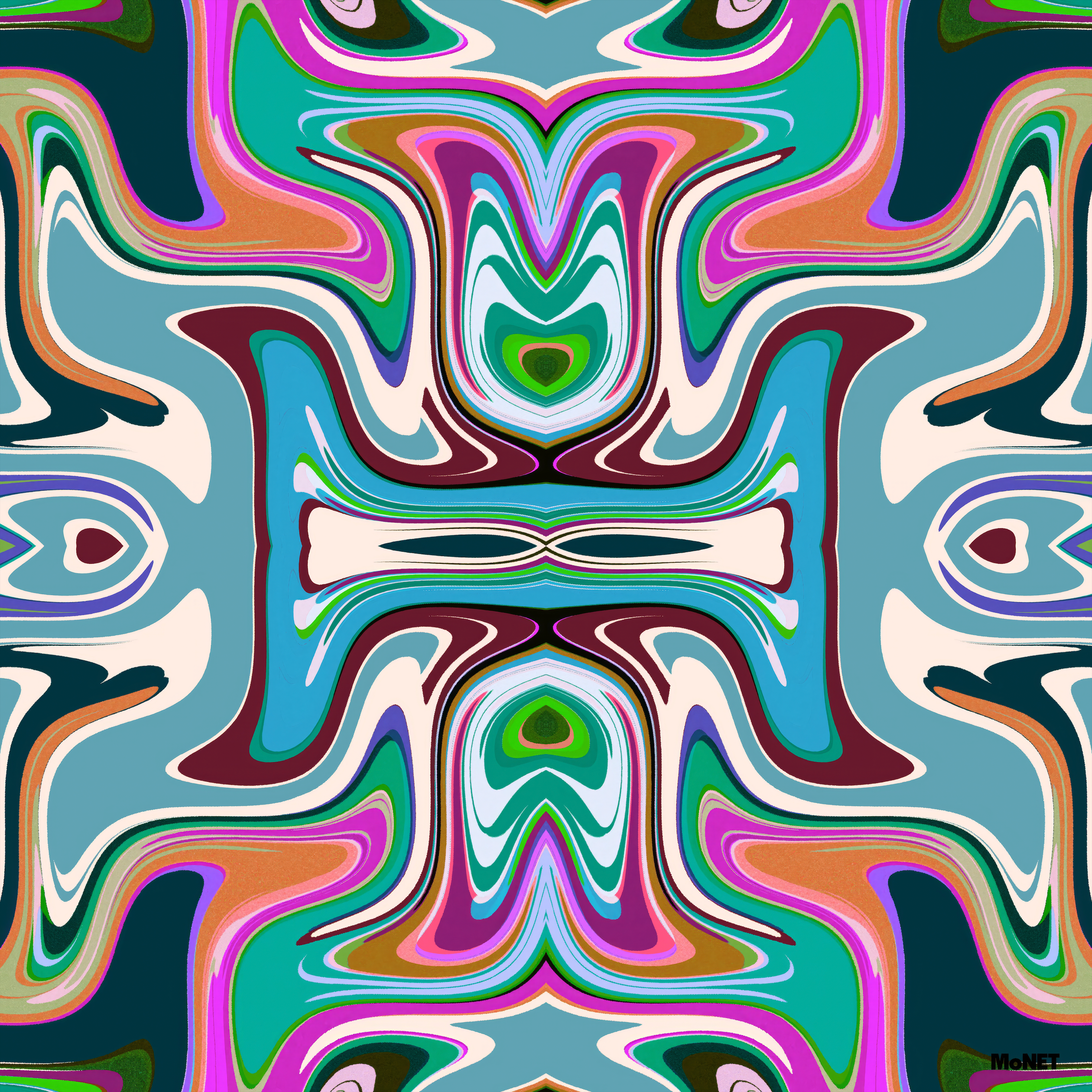 Surprise Me Gus by Beau Monet features abstract, wavy patterns in vibrant blue, pink, green, purple, and white. Its mirrored design creates striking wall art with colorful, organic shapes sure to enhance any space.