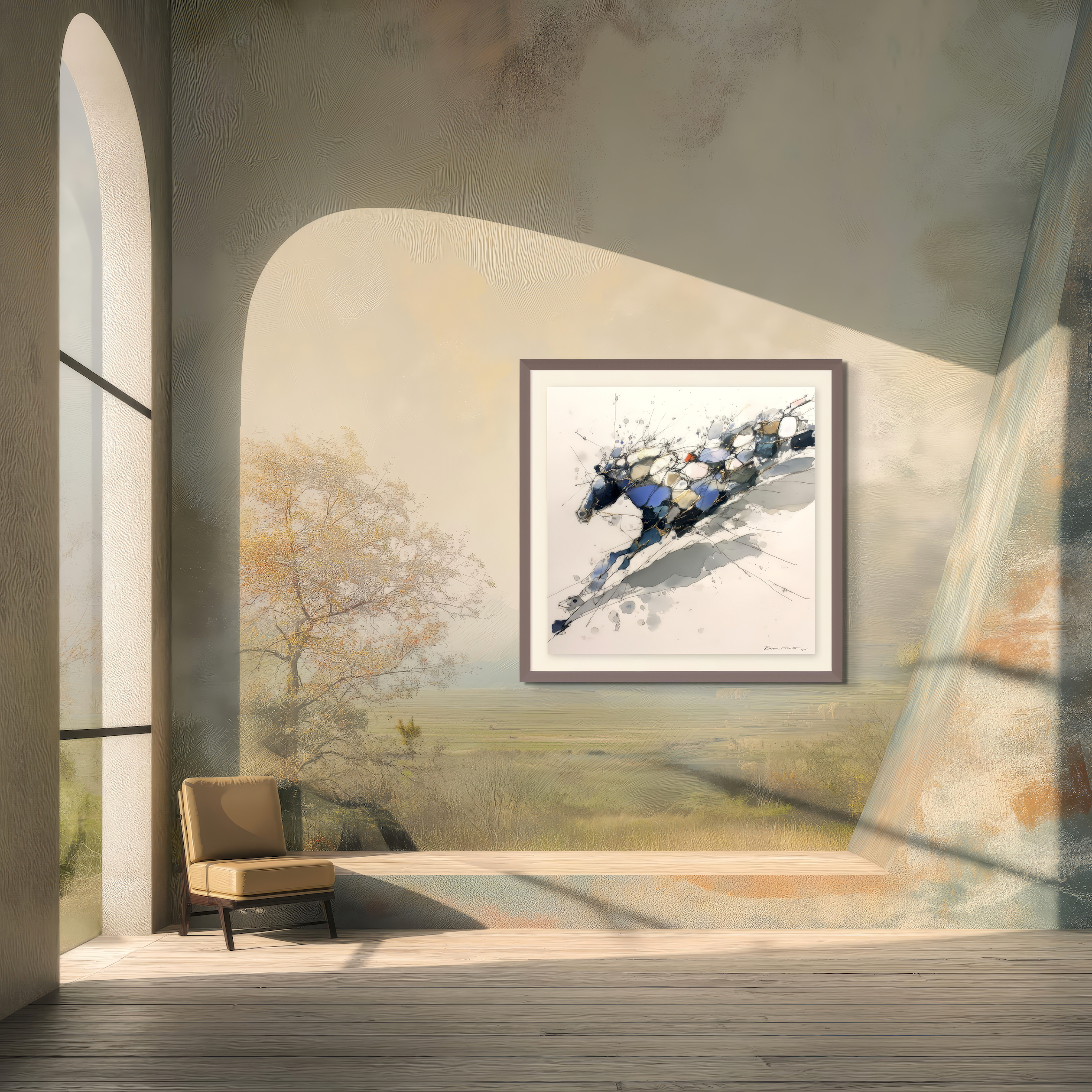 A sunlit room with high arched windows features Beau Monets Downhill Run art, a single beige chair, and gold accents. Through the window, trees and fields enhance the serene setting with an elegant touch.