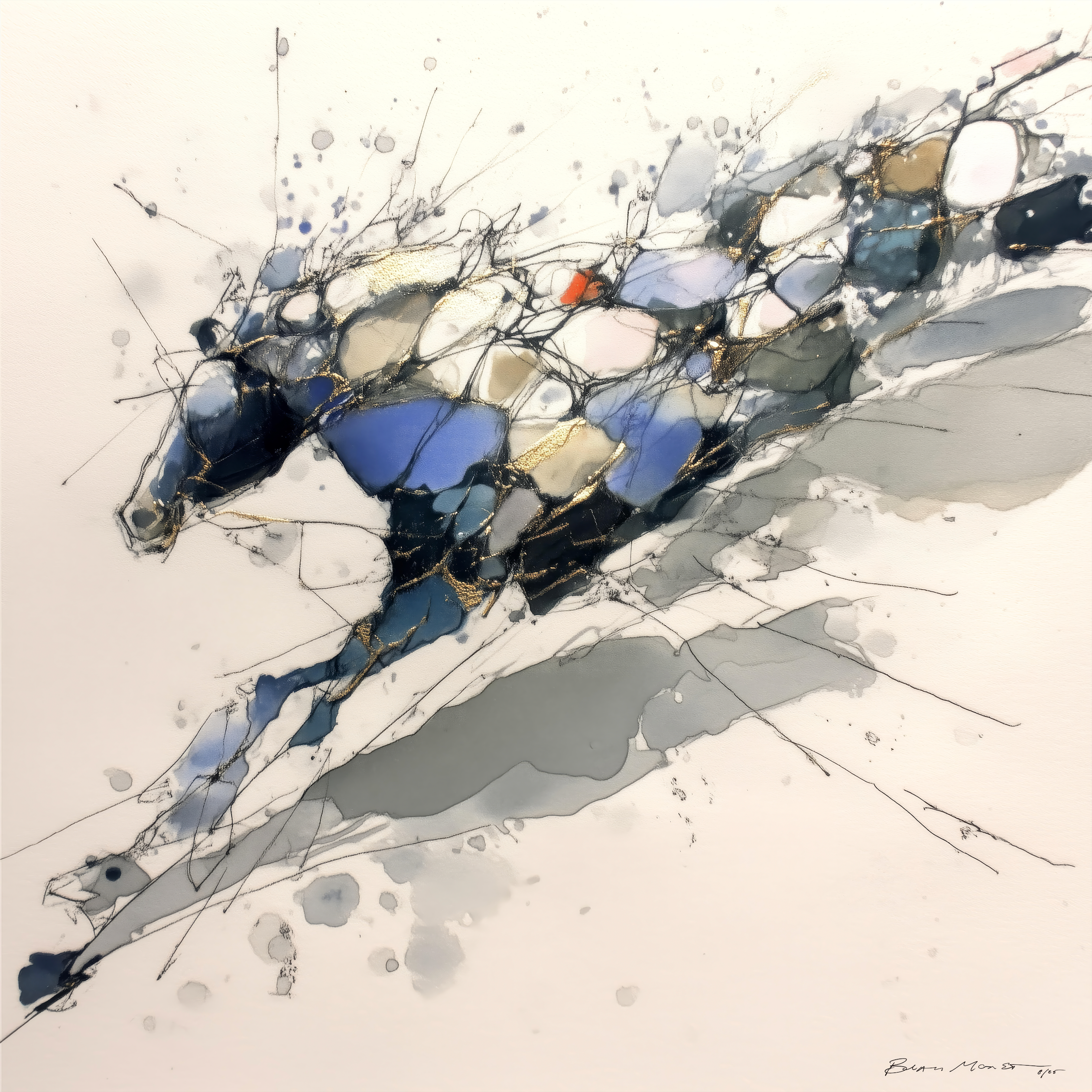 Downhill Run by Beau Monet is an abstract watercolor painting of a running horse, featuring splashes of blue, gray, and white with fine black and gold outlines emphasizing its dynamic movement.