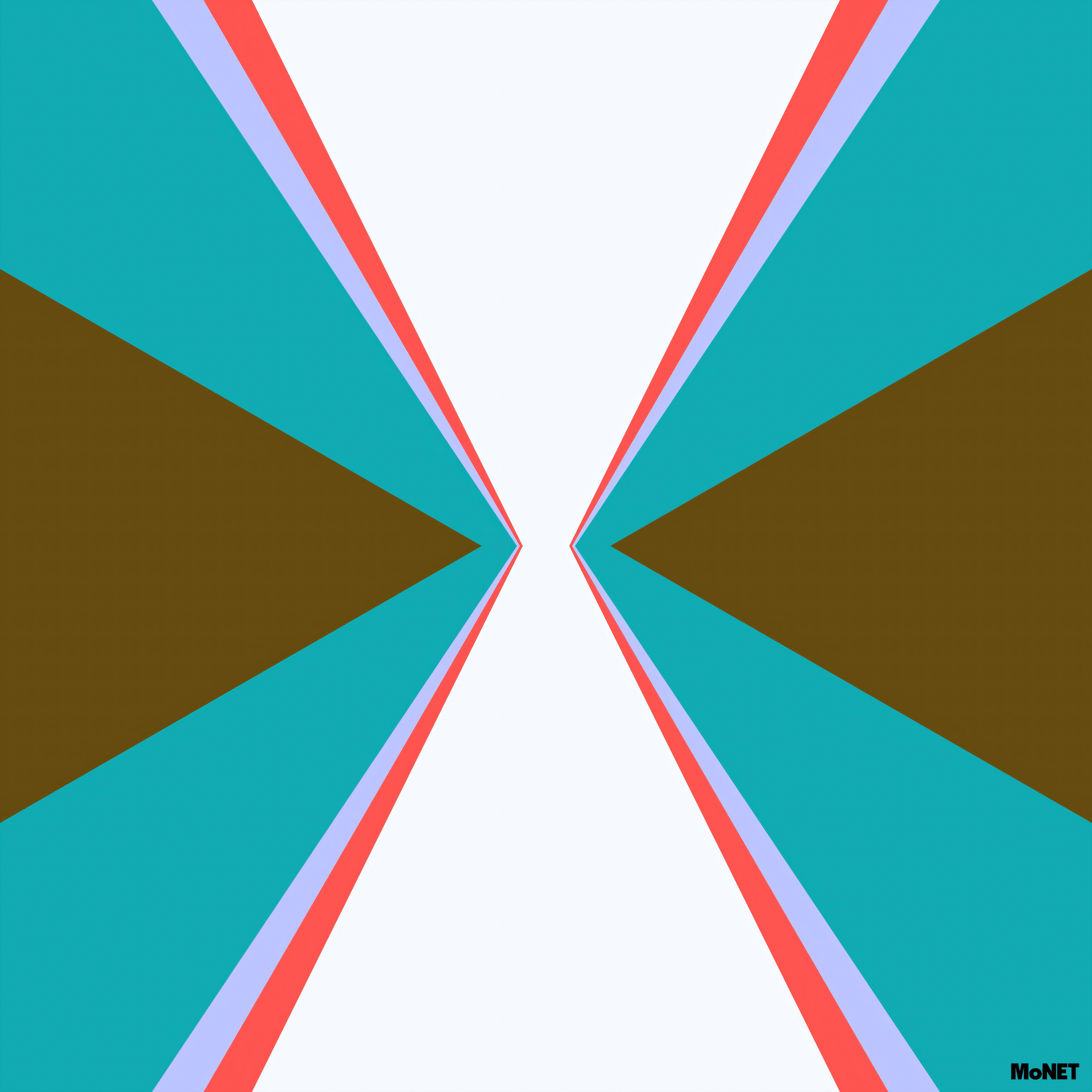 Time by Beau Monet—abstract geometric wall art with symmetrical triangles in teal, brown, purple, and red converging on a white background. “Beau Monet” appears subtly in the bottom right. Ideal for modern decor.