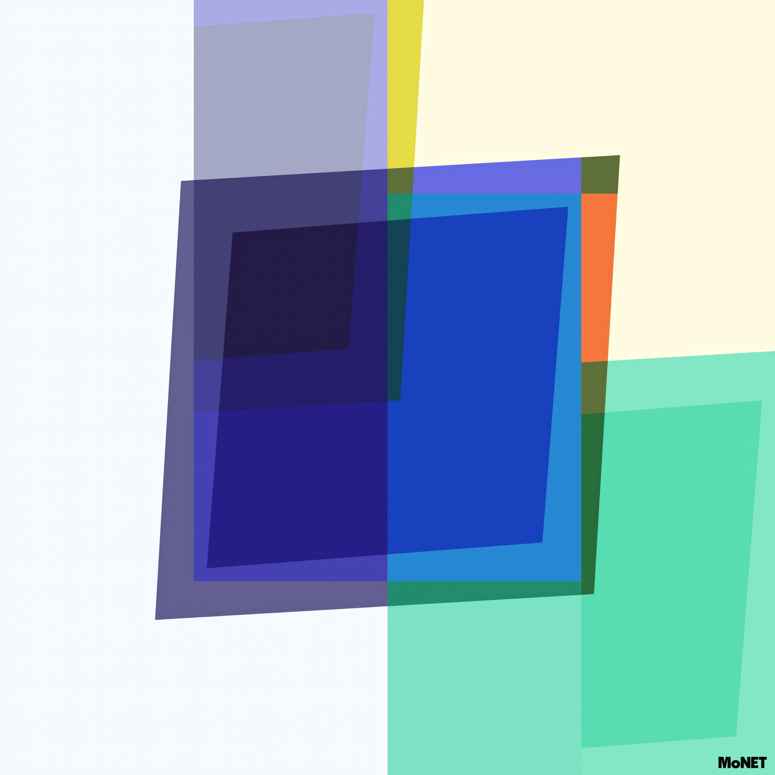 Super Ego by Beau Monet is geometric digital art with overlapping translucent rectangles in blue, purple, green, orange, and yellow on a light background. Layered colors create depth. Beau Monet appears in the bottom right corner.