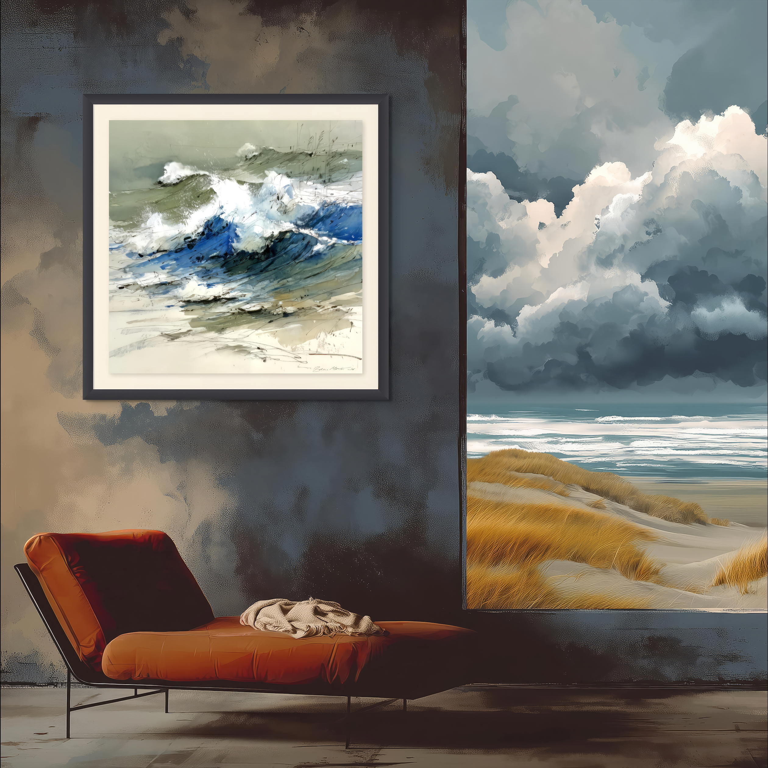 A cozy room features Beau Monets Crash painting of waves, a red chaise lounge with a light blanket, and a large window revealing dunes and dramatic ocean clouds.