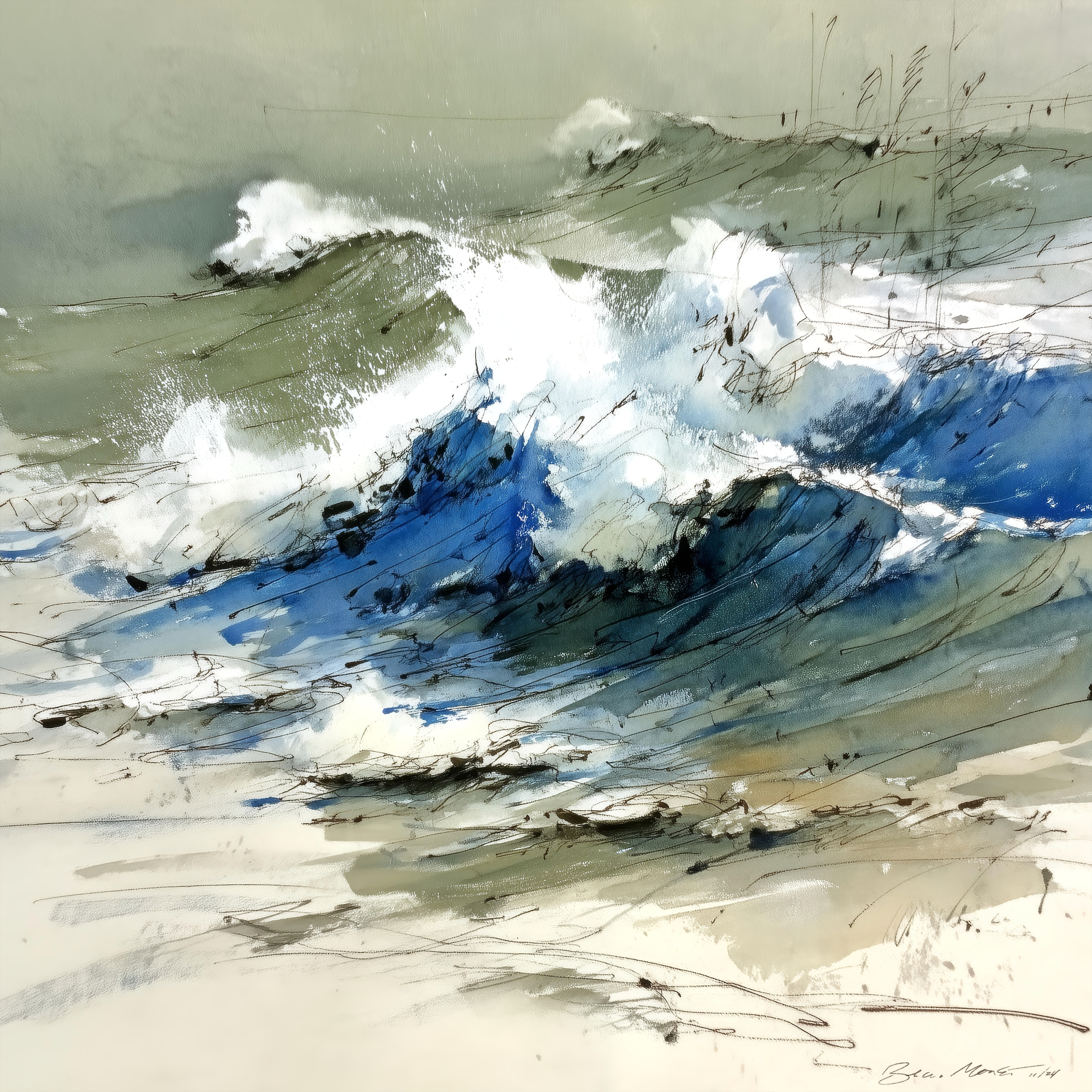 Crash by Beau Monet is a dynamic watercolor capturing crashing ocean waves in blue, white, and green. Loose brushstrokes convey movement and energy, while subtle lines hint at a stormy sky and distant shoreline.