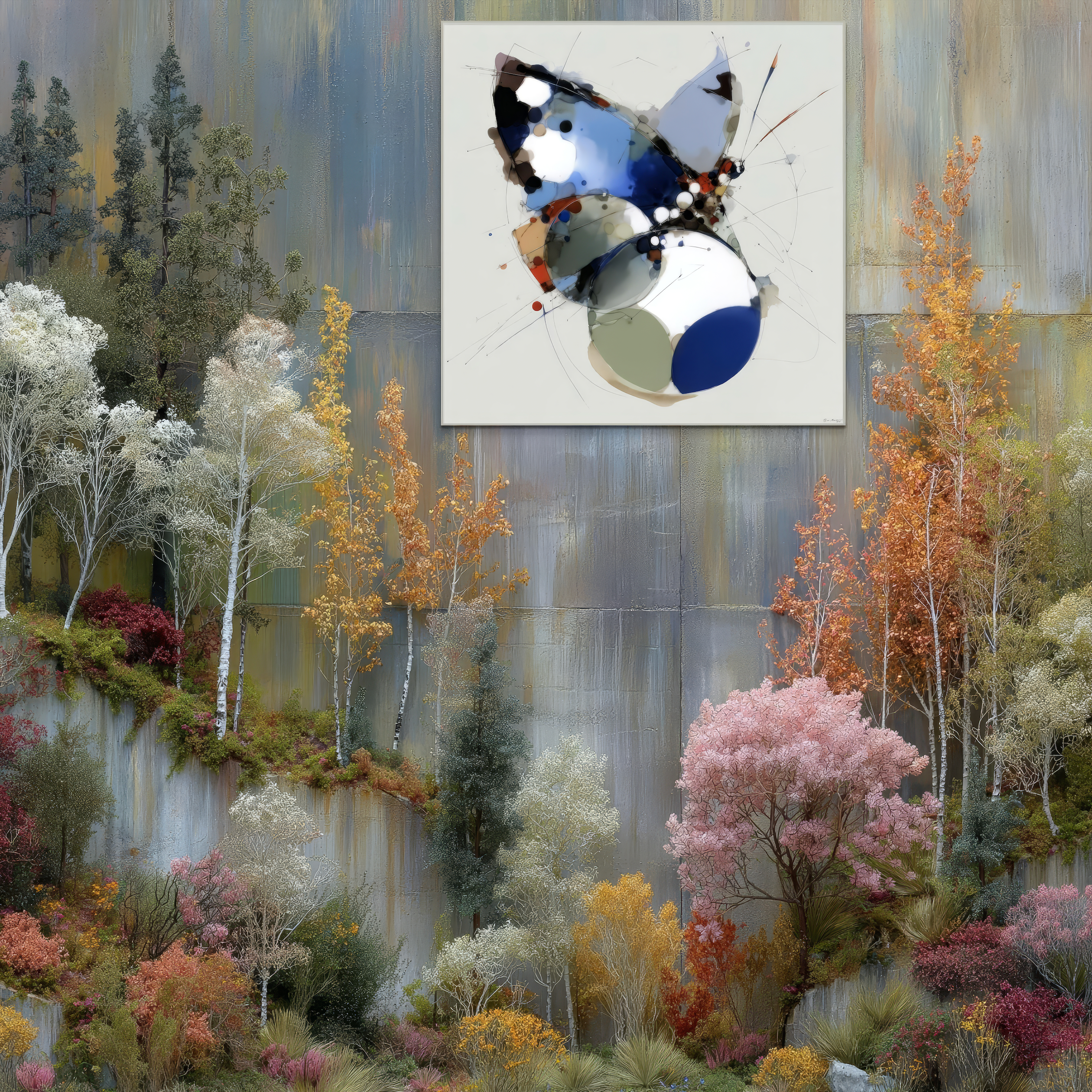 A vibrant autumn forest with colorful trees stands before a large wall, adorned with Beau Monet’s Chrysalis, a modern abstract painting featuring a butterfly and circles above the breathtaking landscape.