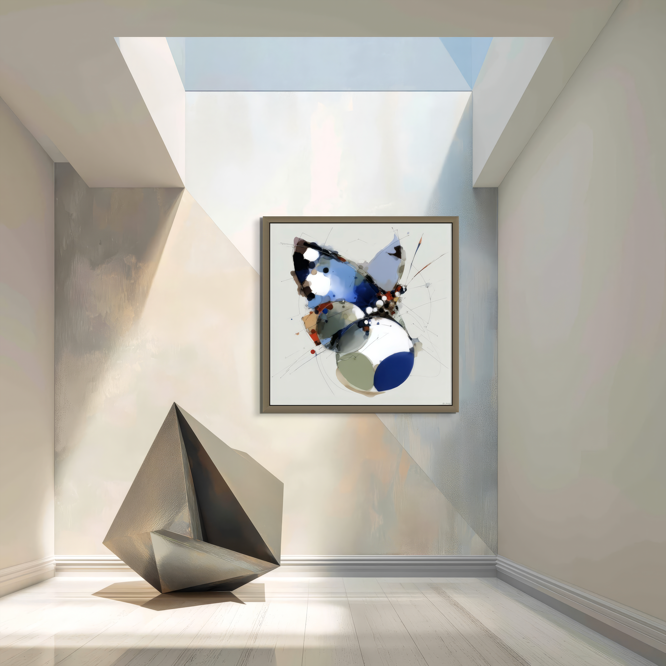 In a sunlit modern room, Beau Monet’s Chrysalis abstract butterfly art with geometric shapes adorns the wall, while a metallic angular sculpture sits beneath the skylight.