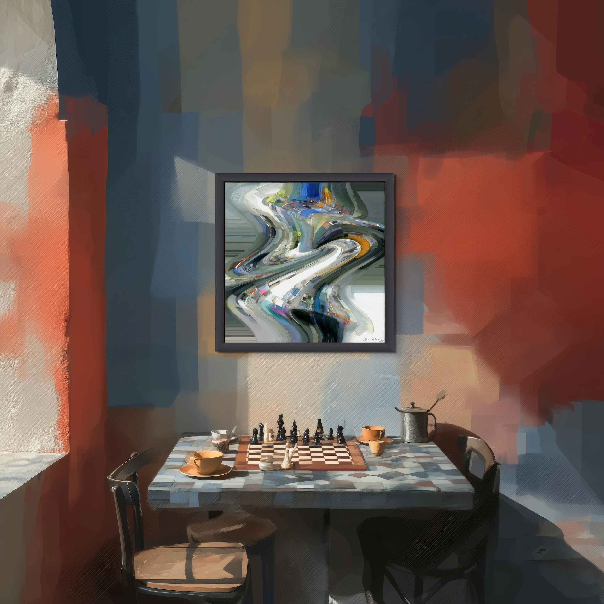 A small table with a chessboard and two coffee cups sits by two chairs in a colorful, sunlit room. Above, Beau Monet’s striking modern digital art piece, Naja, adds flair to the vibrant setting.