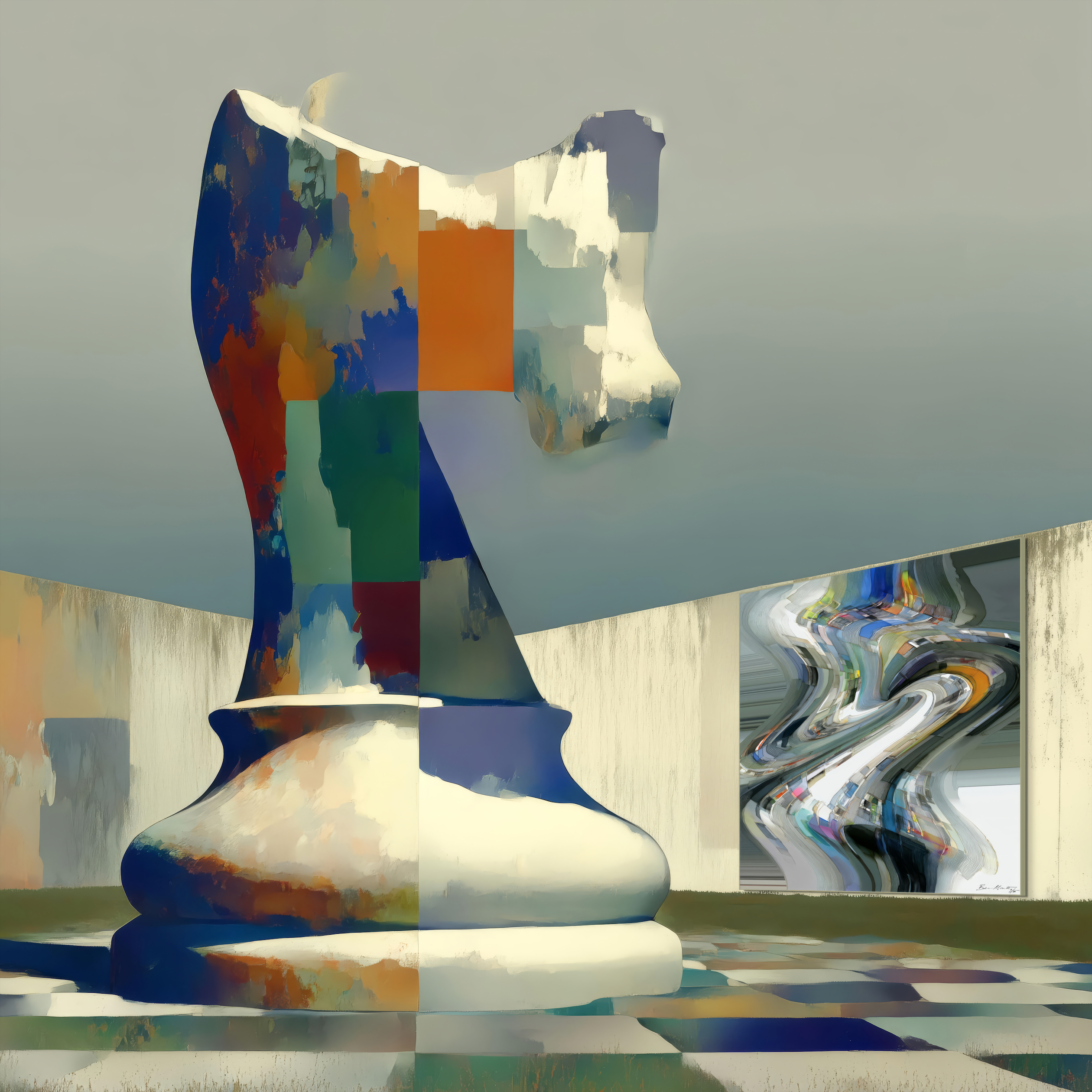 Naja by Beau Monet features a large, multicolored abstract knight chess piece on a checkered floor in a surreal, open-walled room with cloudy skies and distorted art, capturing modern digital artistry.