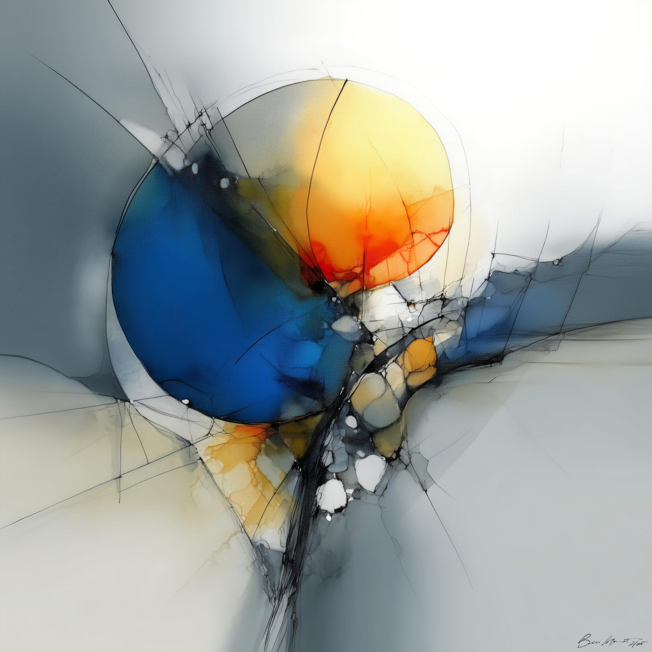 Thoughts on Abortion by Beau Monet features a large blue circle merging with a vivid orange-yellow sphere, dynamic black lines, and soft gradients set against a white and gray backdrop.