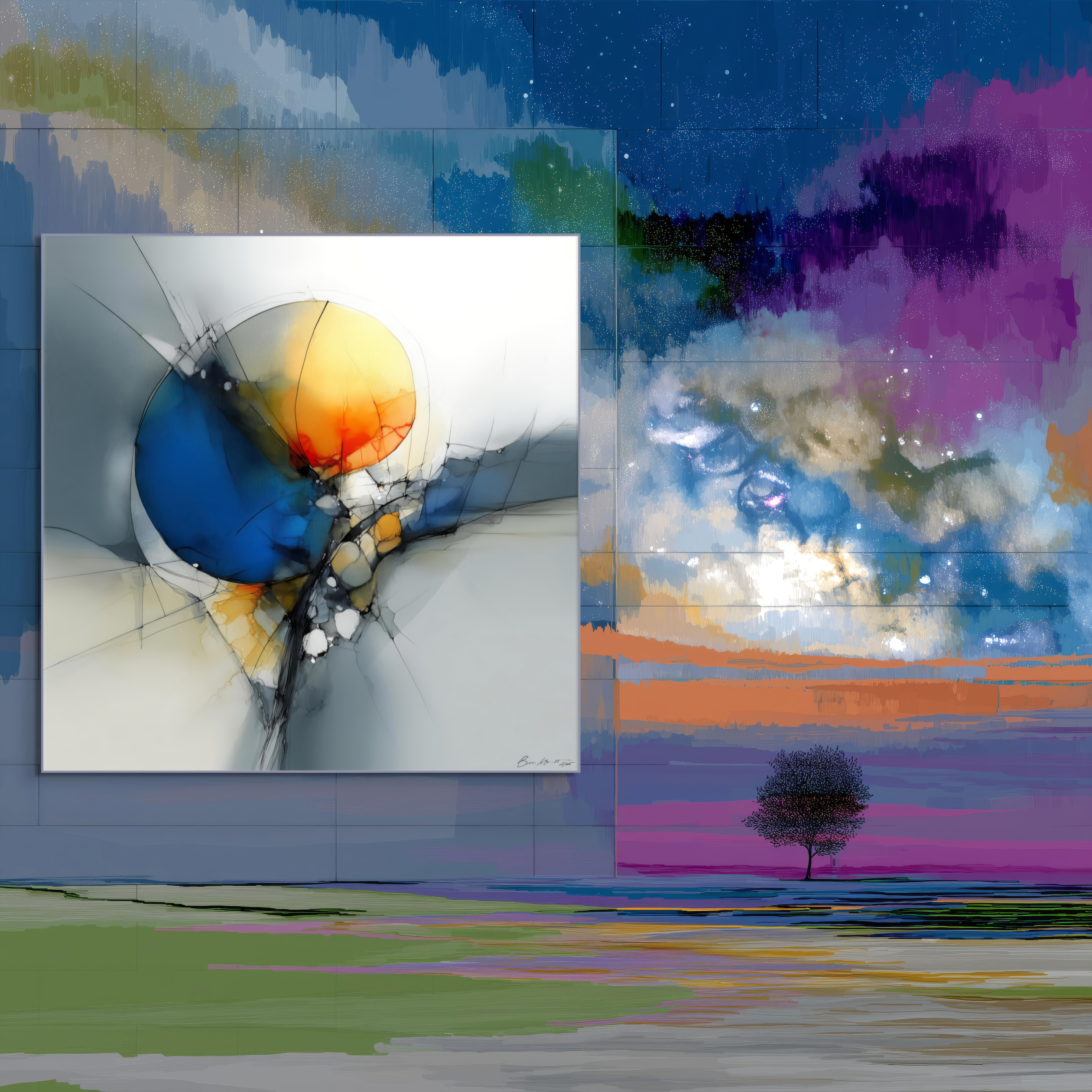 Thoughts on Abortion by Beau Monet features abstract art with a colorful circle left, a dreamy cloud-filled sky right, above grassy land, a single tree, and a vibrant sunset.