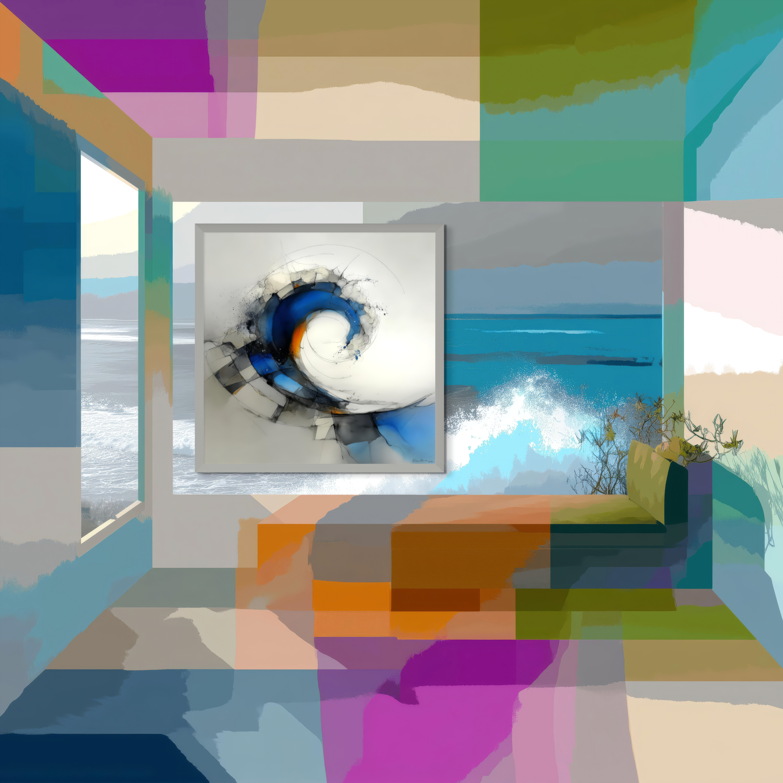 A vibrant room with geometric accents and ocean views features Order of Magnitude by Beau Monet, a blue-and-white abstract artwork on the wall that echoes the crashing waves visible through the open window.