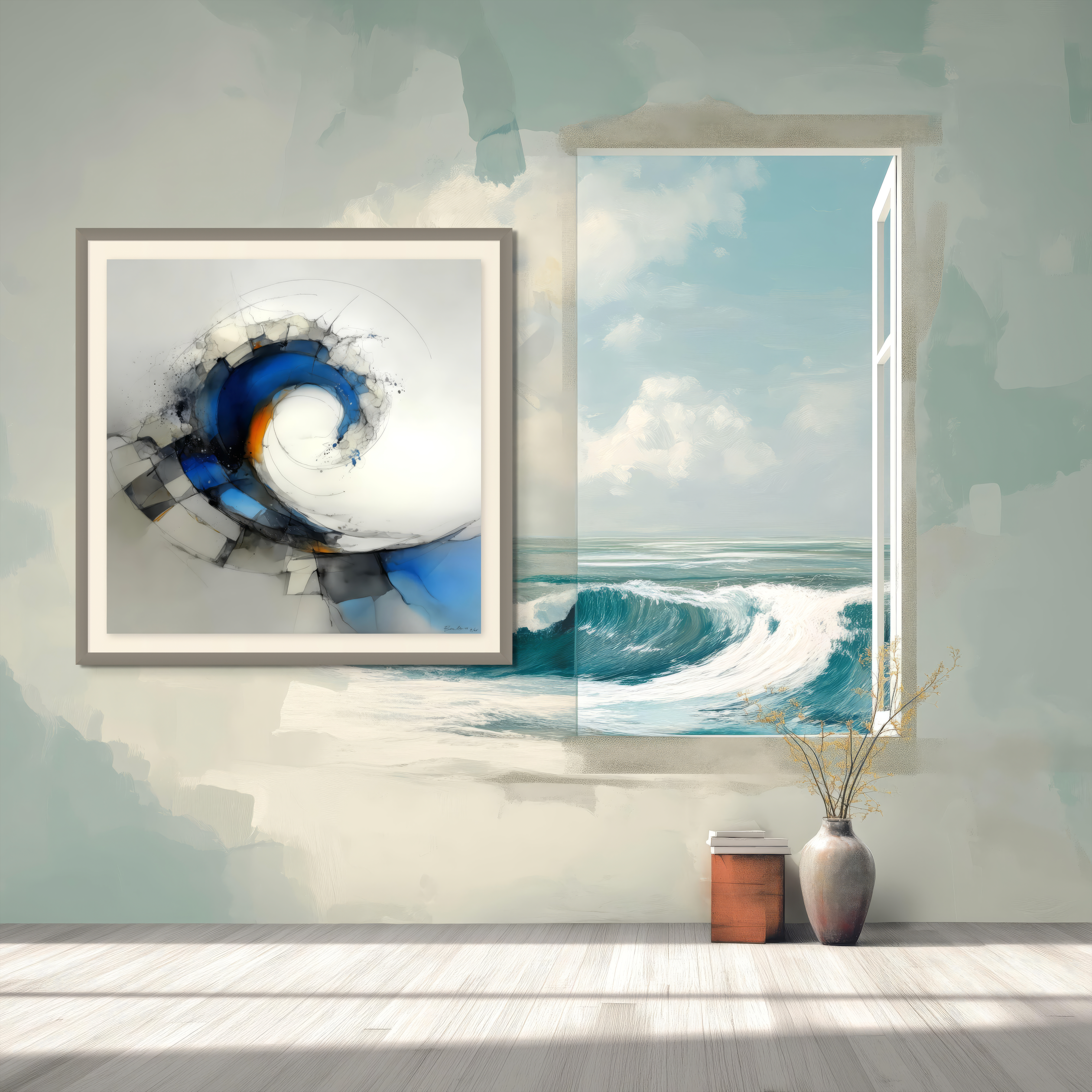 A minimalist room features Beau Monet’s Order of Magnitude, a striking abstract wave painting, on the wall. By the open window with a seascape view, a vase of dried branches and two books rest on the wooden floor.