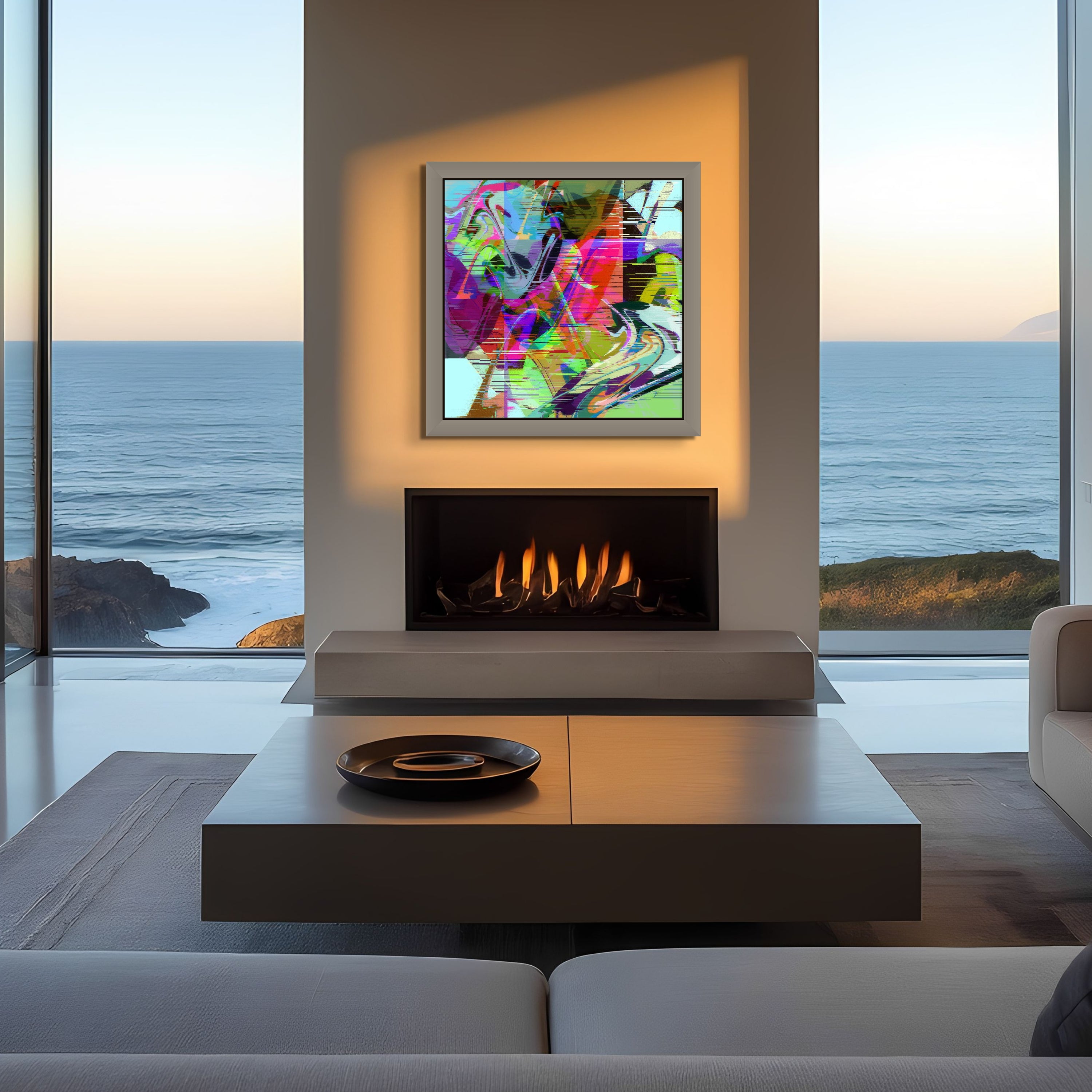A modern living room features Beau Monets Seeking Something Missing above the fireplace, large windows with an ocean view, and a minimalist coffee table topped with a dish.