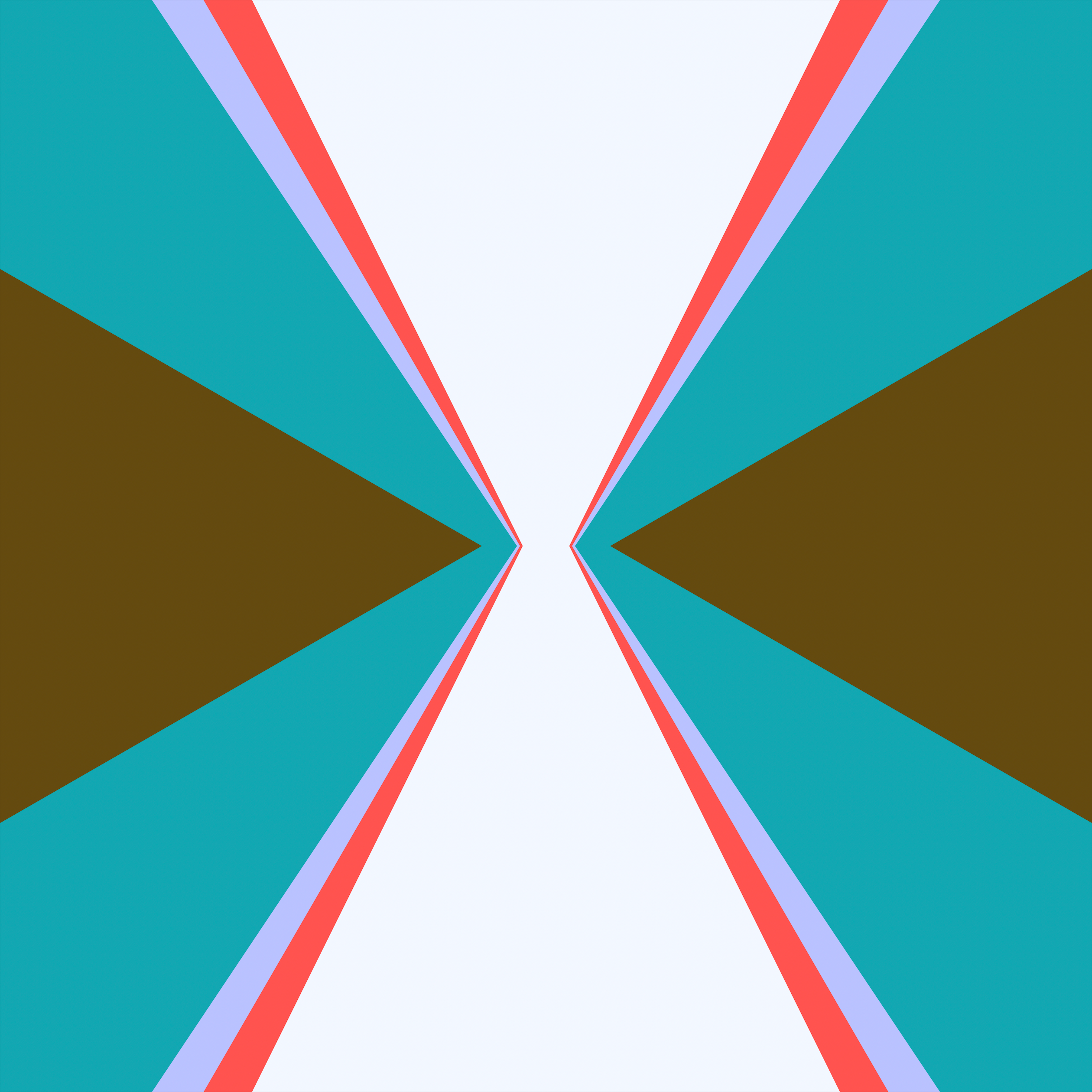 Time by Beau Monet features a symmetrical abstract design with teal, brown, red, and lavender triangles converging on a light gray background, forming an hourglass or tunnel effect that highlights bold geometric artistry.