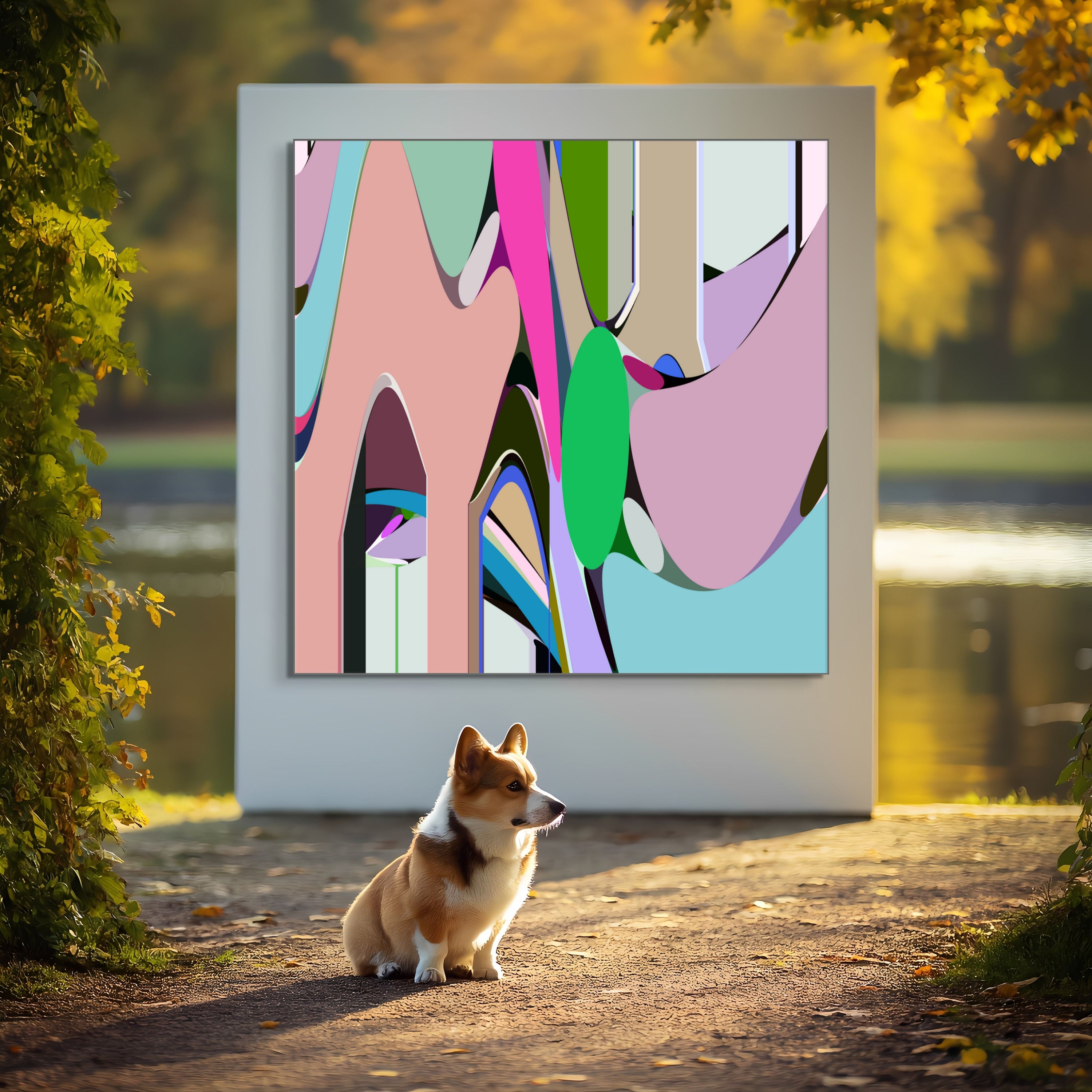 A corgi sits on a sunlit path by a lake, with Act As If, a large modern geometric abstraction by Beau Monet, displayed in a white frame amid green foliage and golden light.