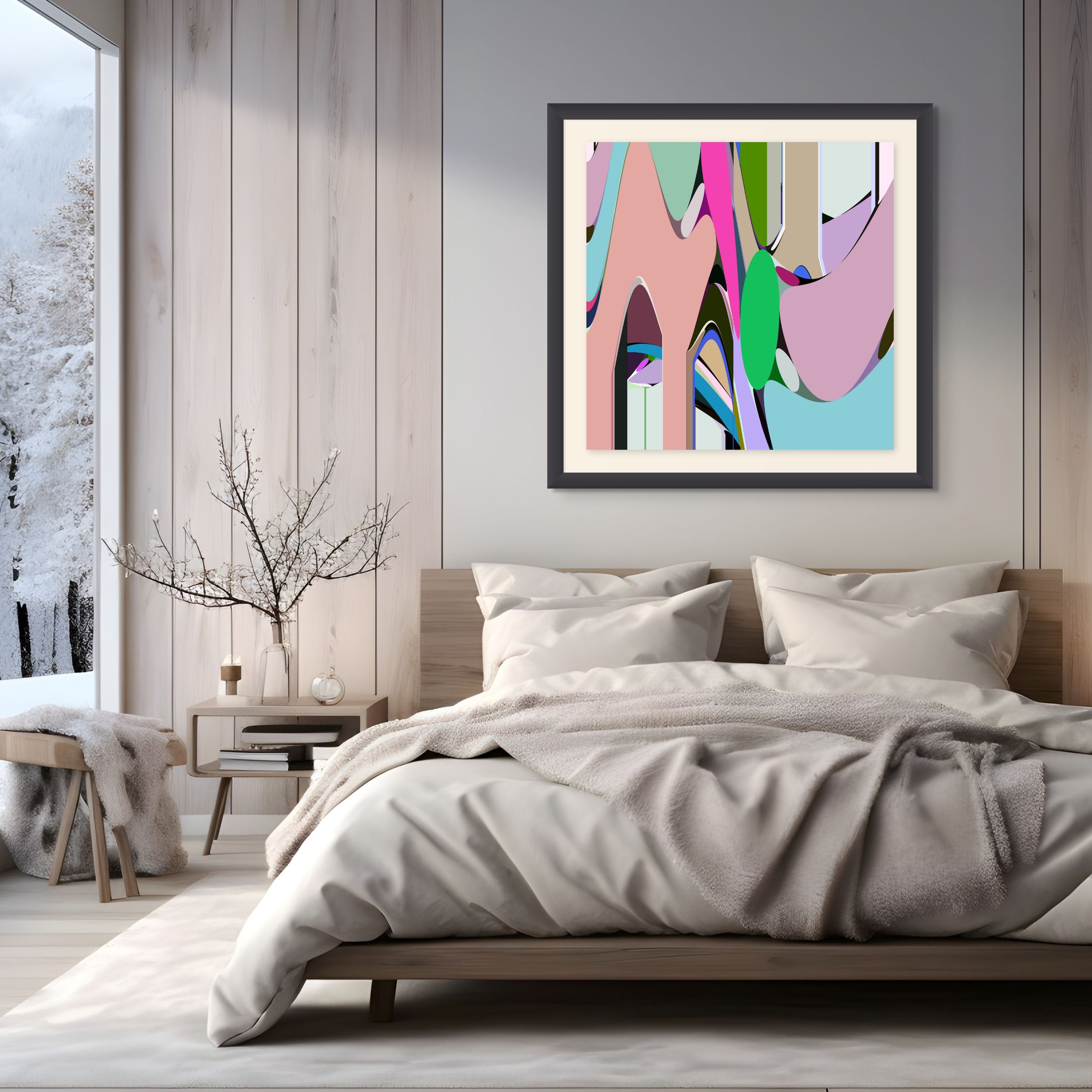 A cozy bedroom with light wood walls and neutral bedding features Act As If by Beau Monet, an abstract geometry painting in pink, green, and blue above the bed. Snowy scenery is visible through a large window.