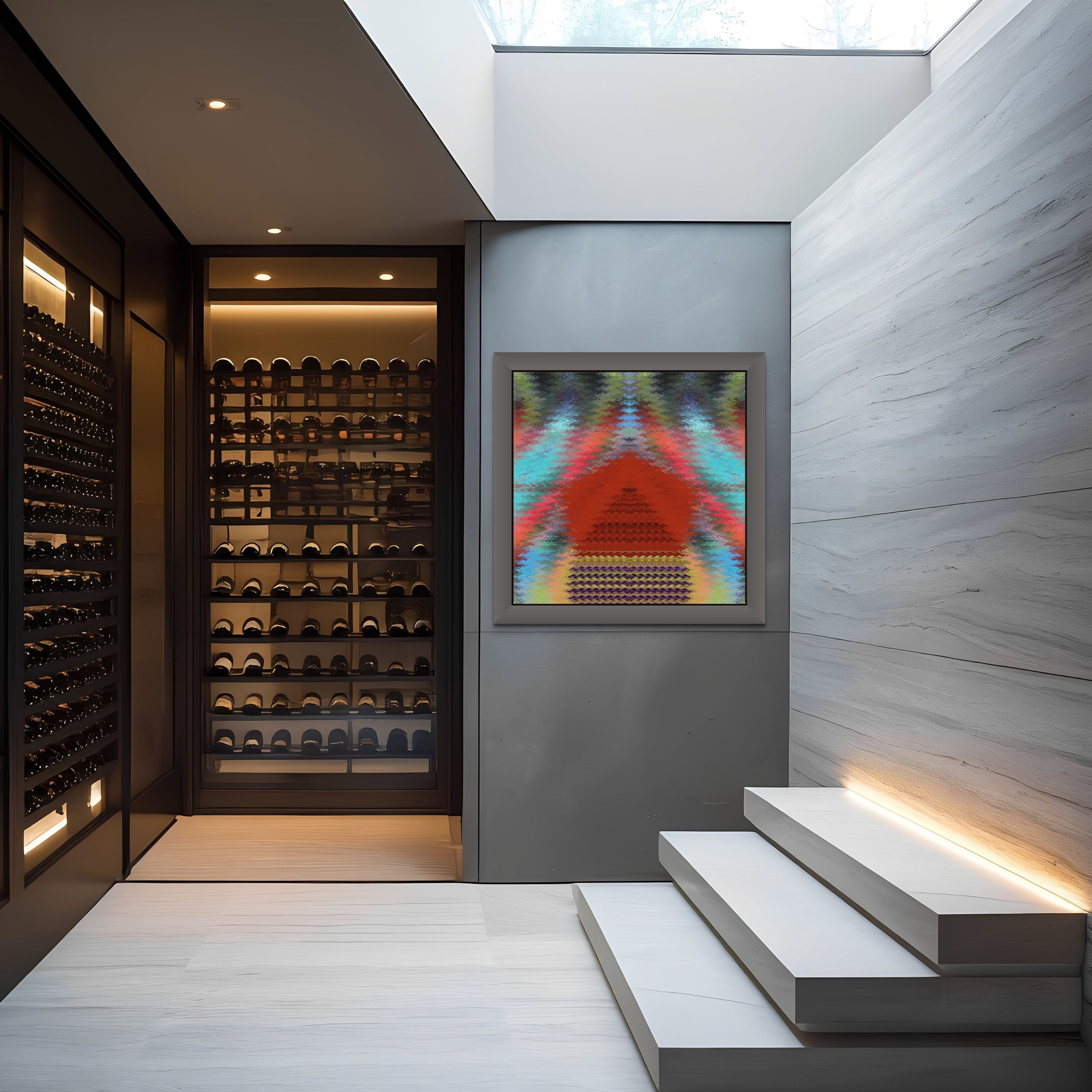 The Ascension wine cellar by Beau Monet features shelves of wine bottles, a staircase, skylight above, and vibrant wall art with red, blue, and black geometric patterns.