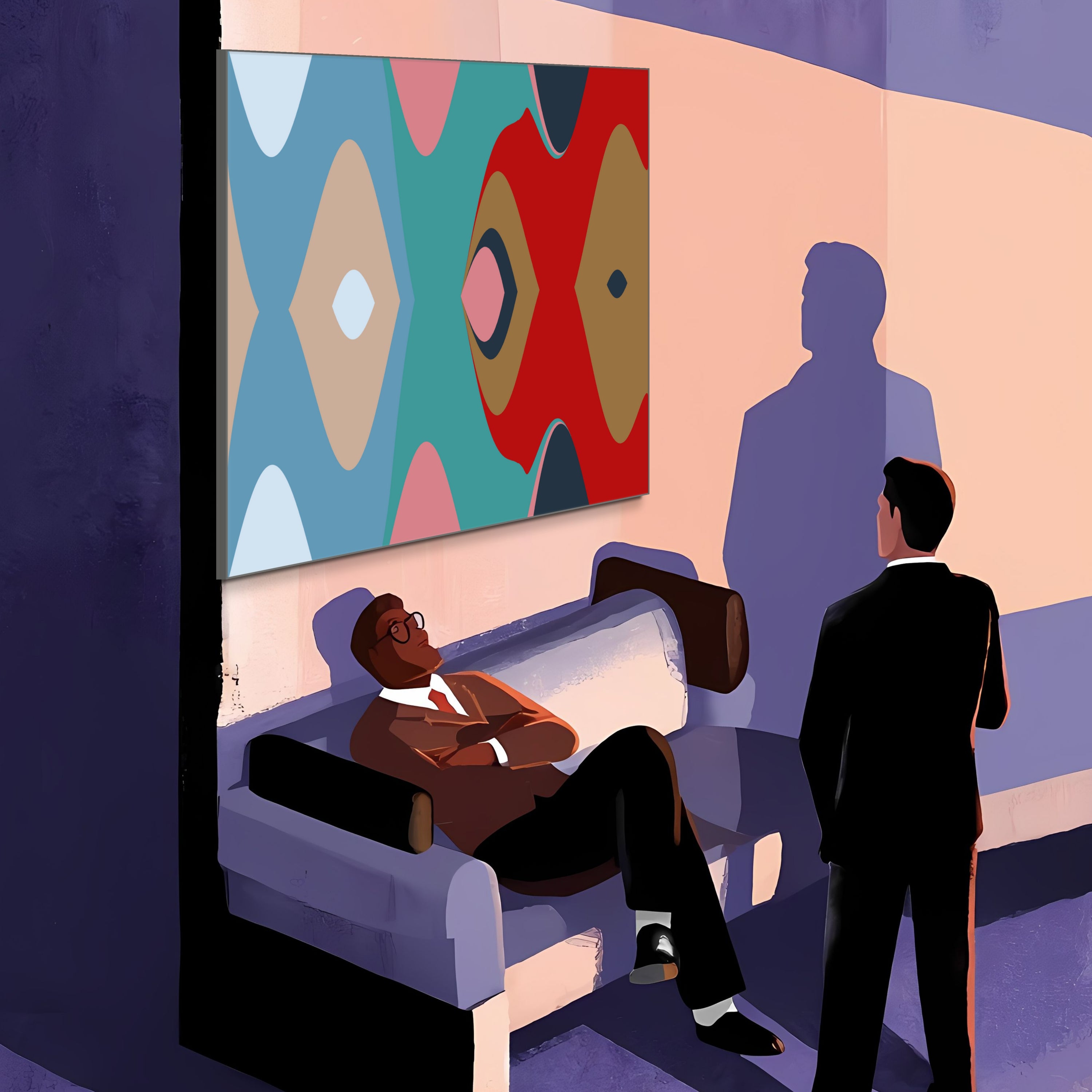 Two men in suits view Beau Monet’s “Belief Through Violence”—a colorful geometric painting—on the wall; one sits on a couch, arms crossed, while the other stands nearby. Both cast long shadows across the softly lit room.