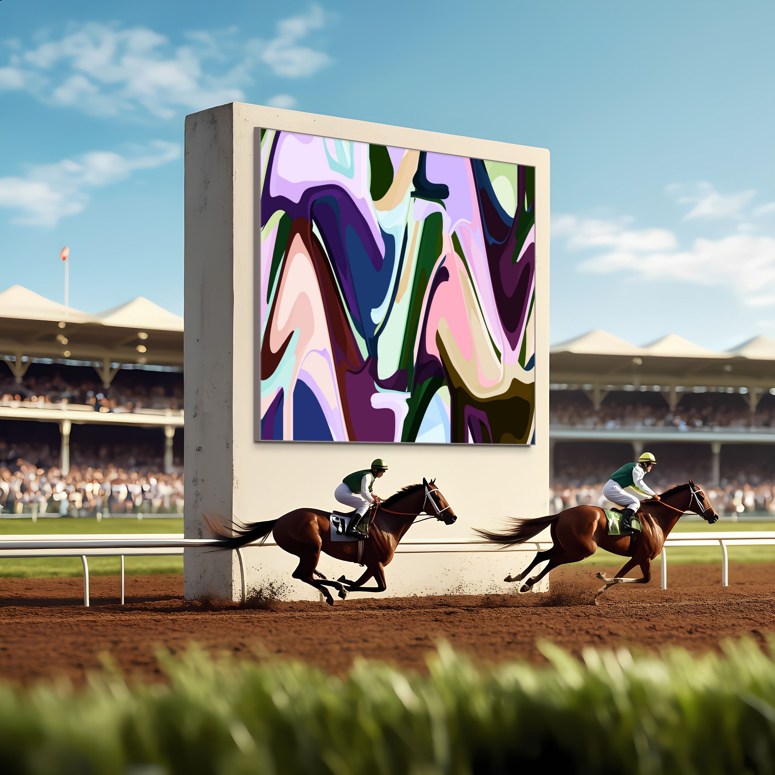 Two jockeys race horses on a dirt track past a large display screen featuring Beau Monets Box Bet, with a stadium and crowd in the background under a clear sky.