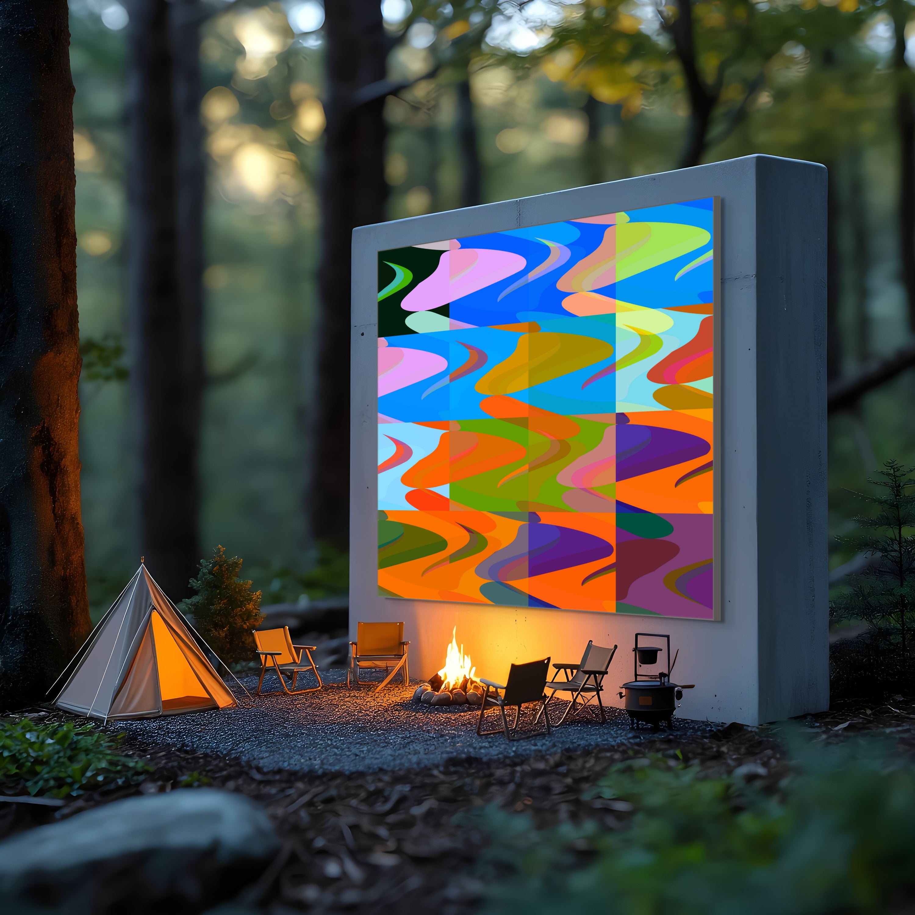 A colorful abstract mural stands in a forest clearing with Beau Monets Camp Fire, folding chairs, a lantern, and a beige tent. Tall trees and soft natural light complete this peaceful outdoor scene.